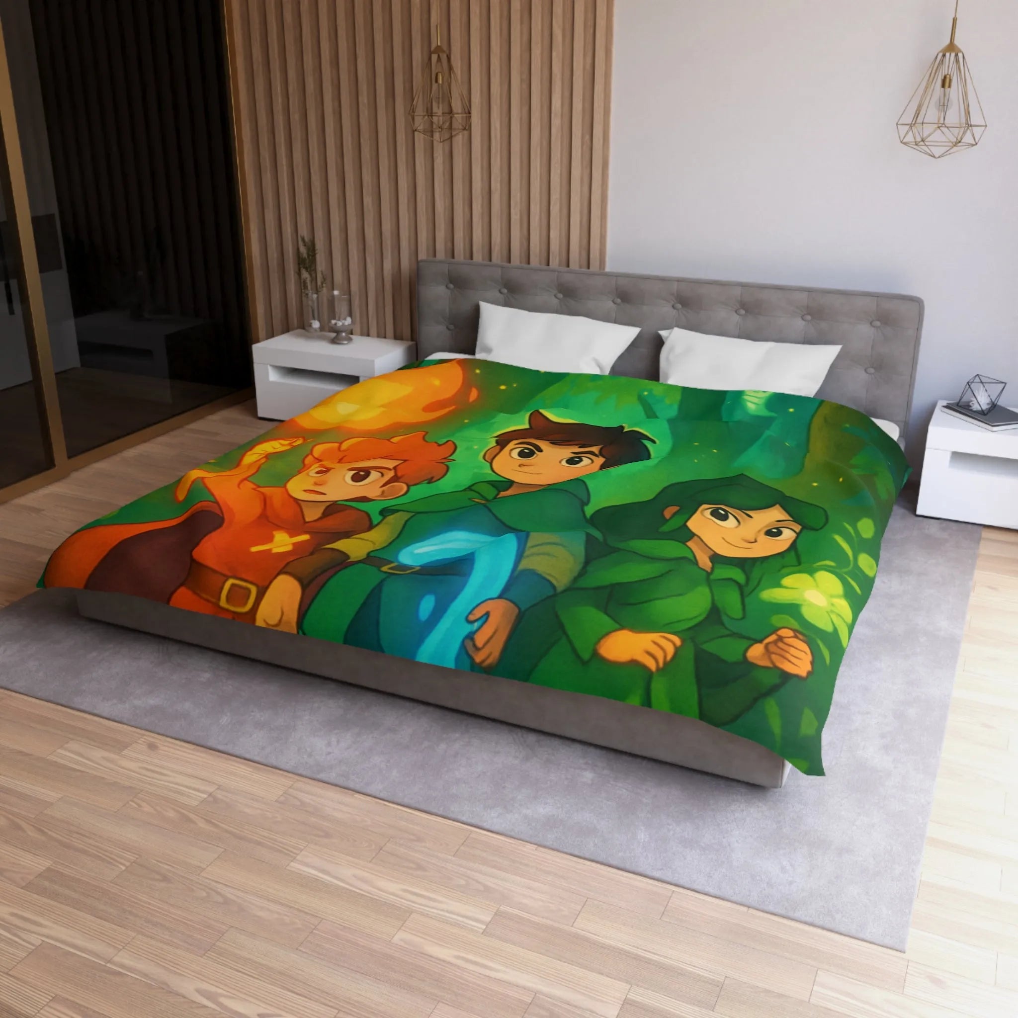Housse de couette enchantée avec personnages magiques dans une forêt lumineuse et colorée