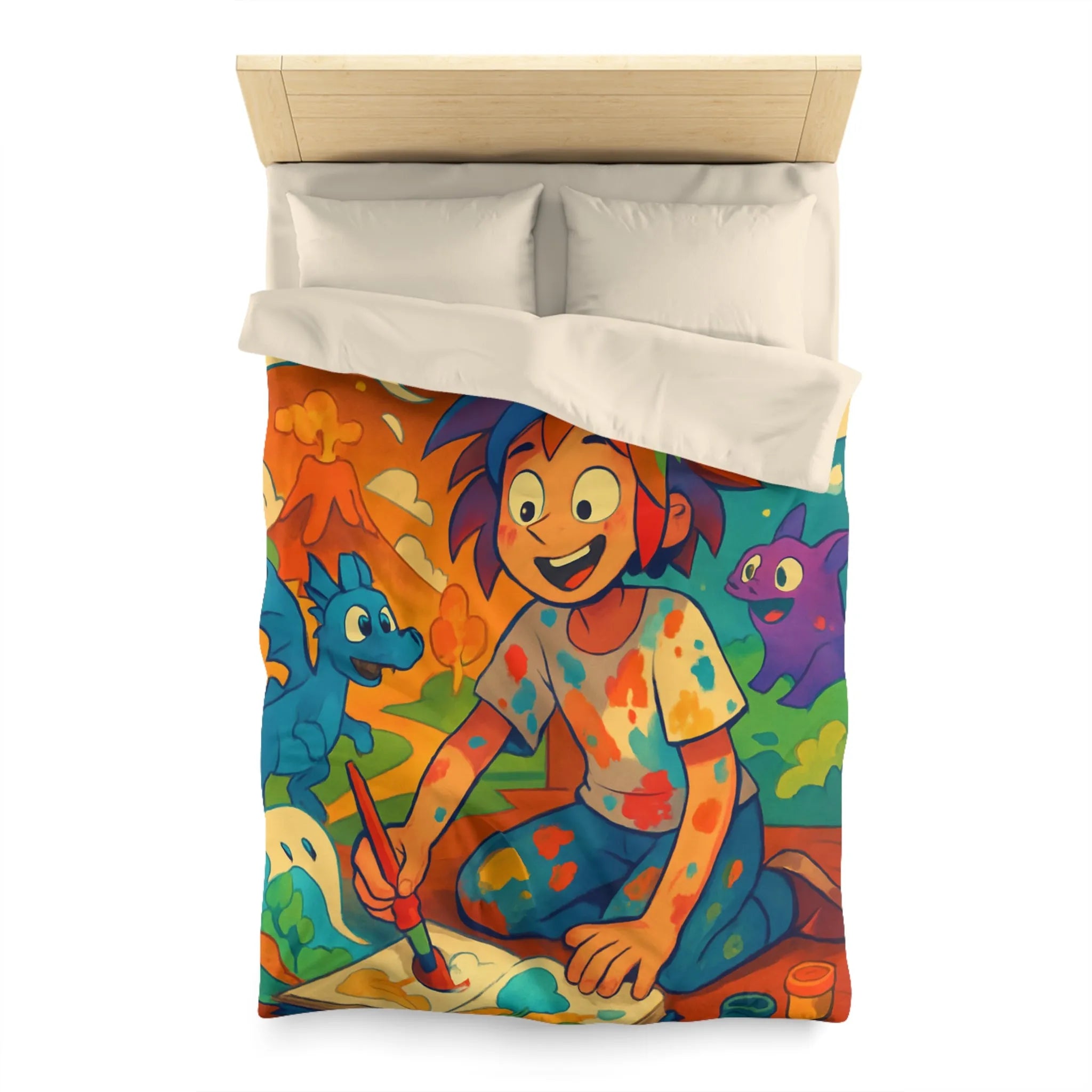 Housse de couette colorée illustrée avec enfant créatif et créatures fantastiques joyeuses