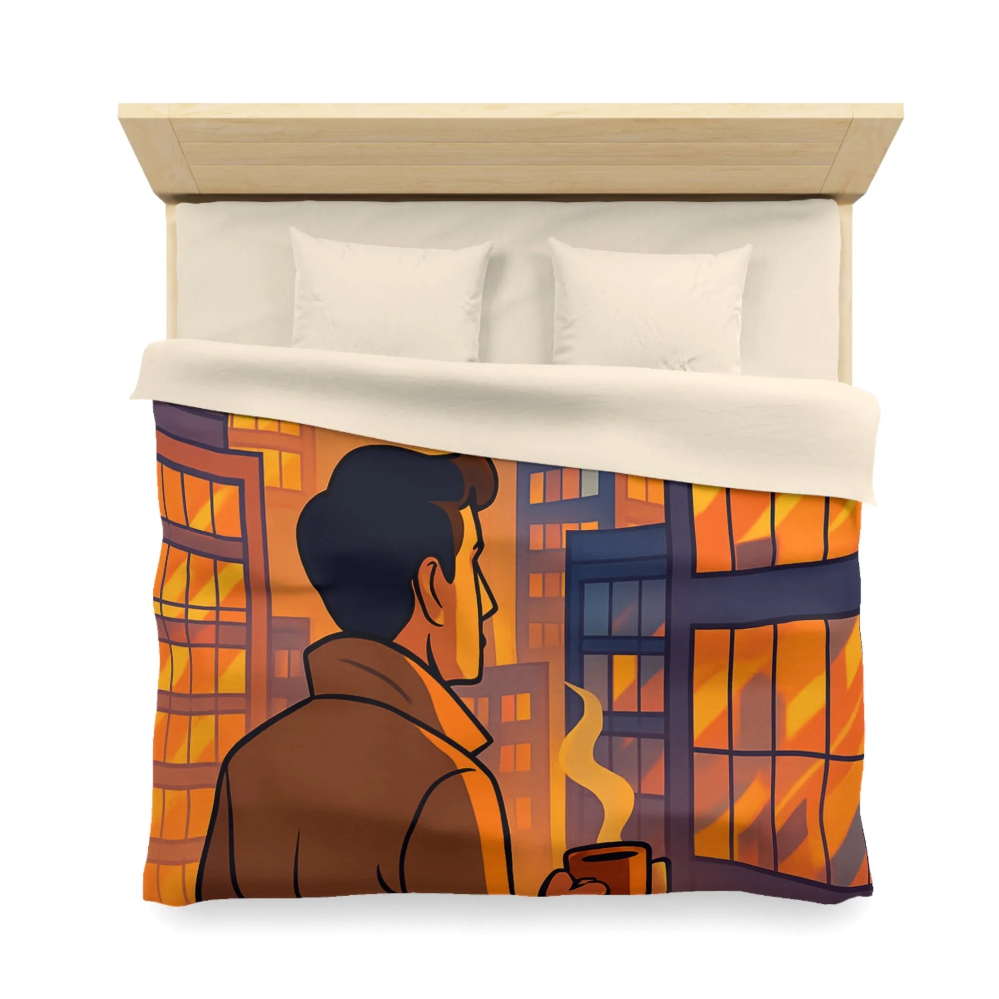 Housse de couette avec illustration urbaine au coucher de soleil et silhouette masculine