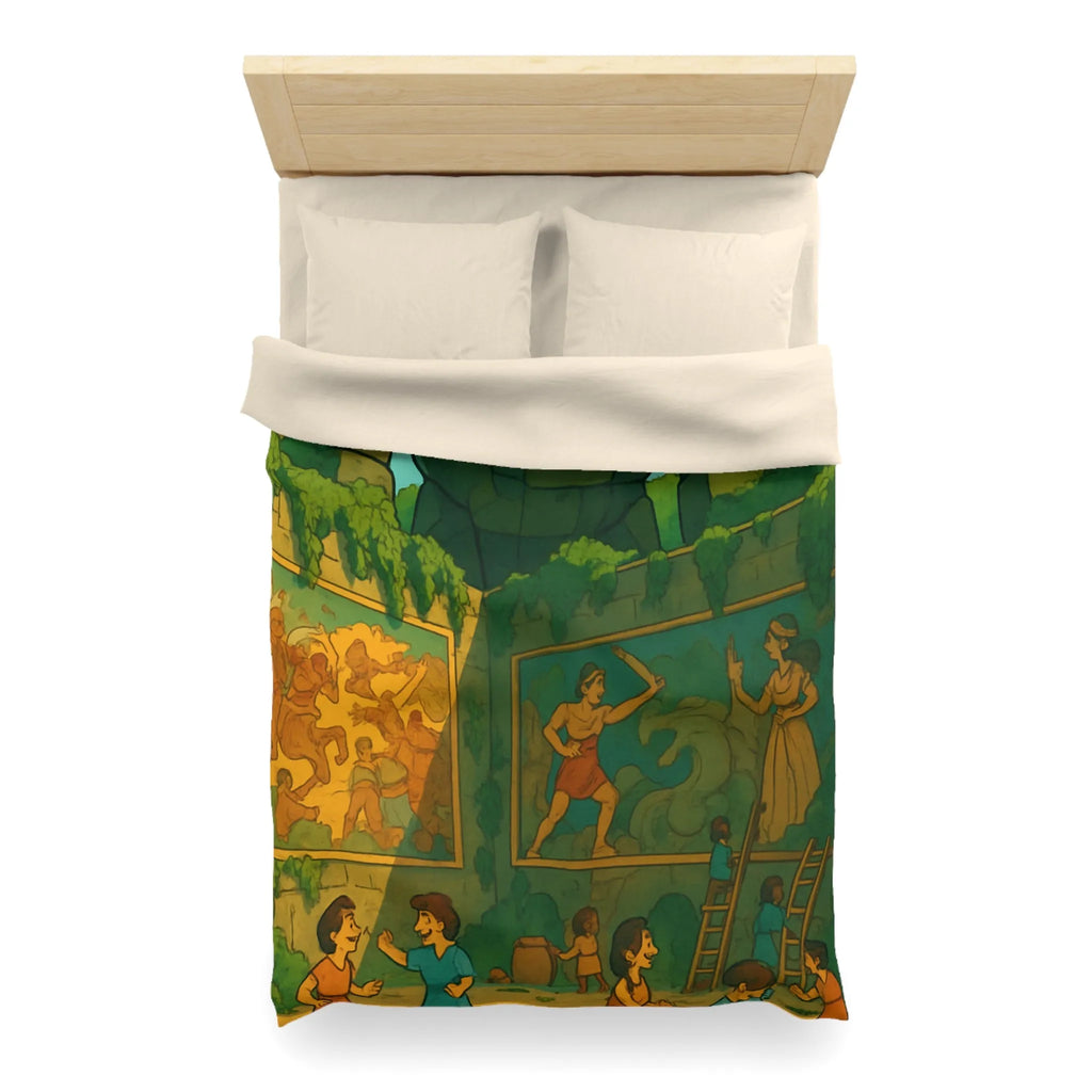 Enchantante parure de lit jardin fantastique avec golem géant et enfants joueurs colorés