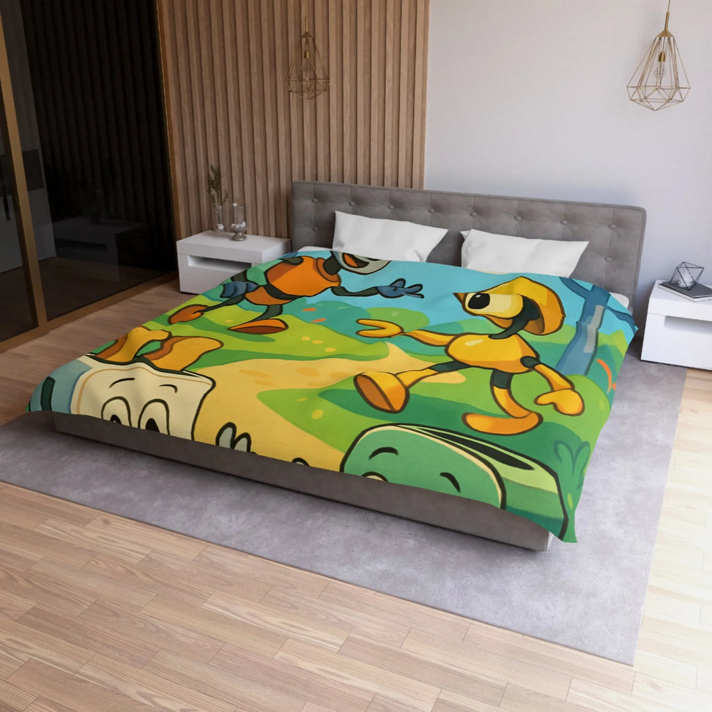 Housse de couette colorée avec robots joyeux et paysage forestier graphique