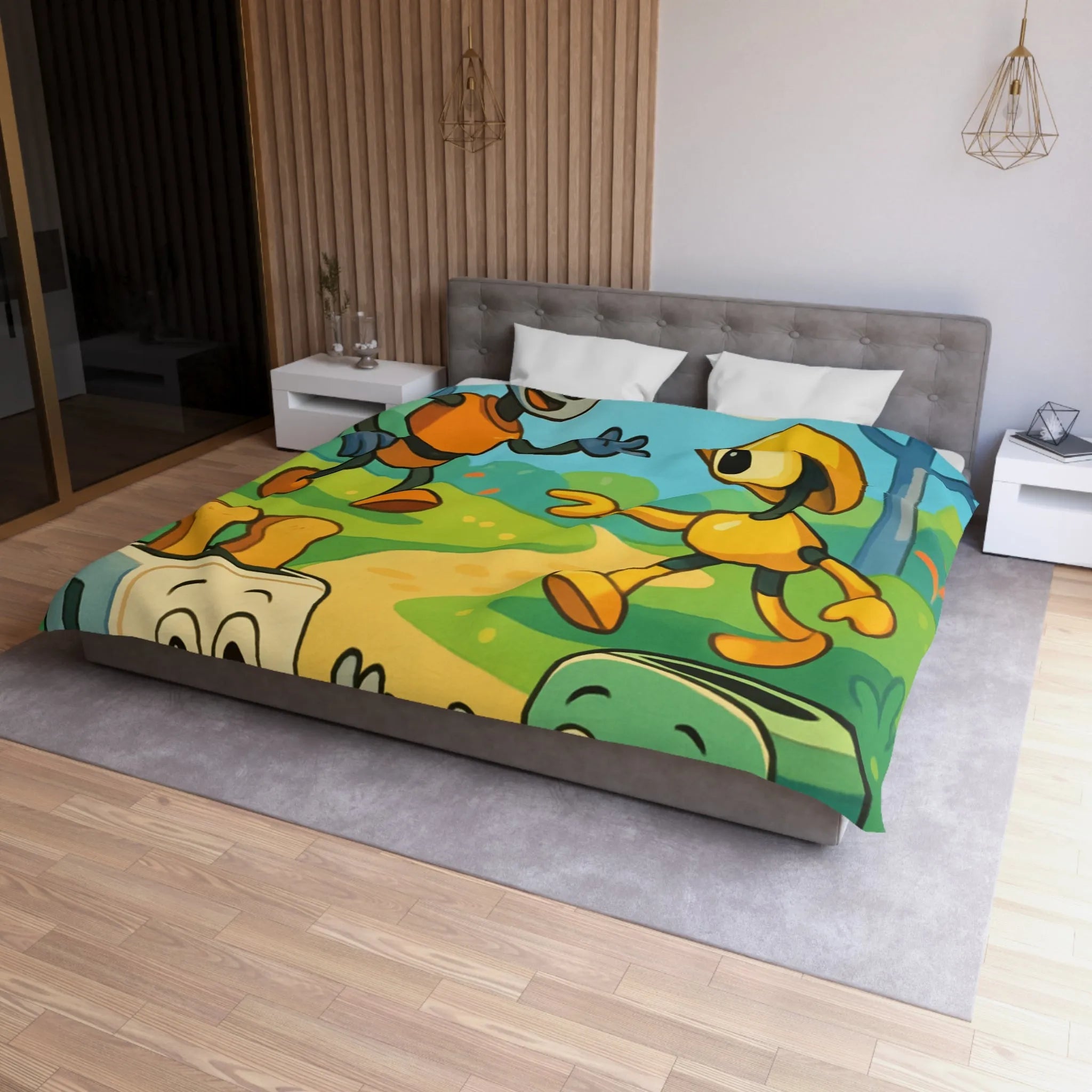 Housse de couette colorée avec robots joyeux et paysage forestier graphique