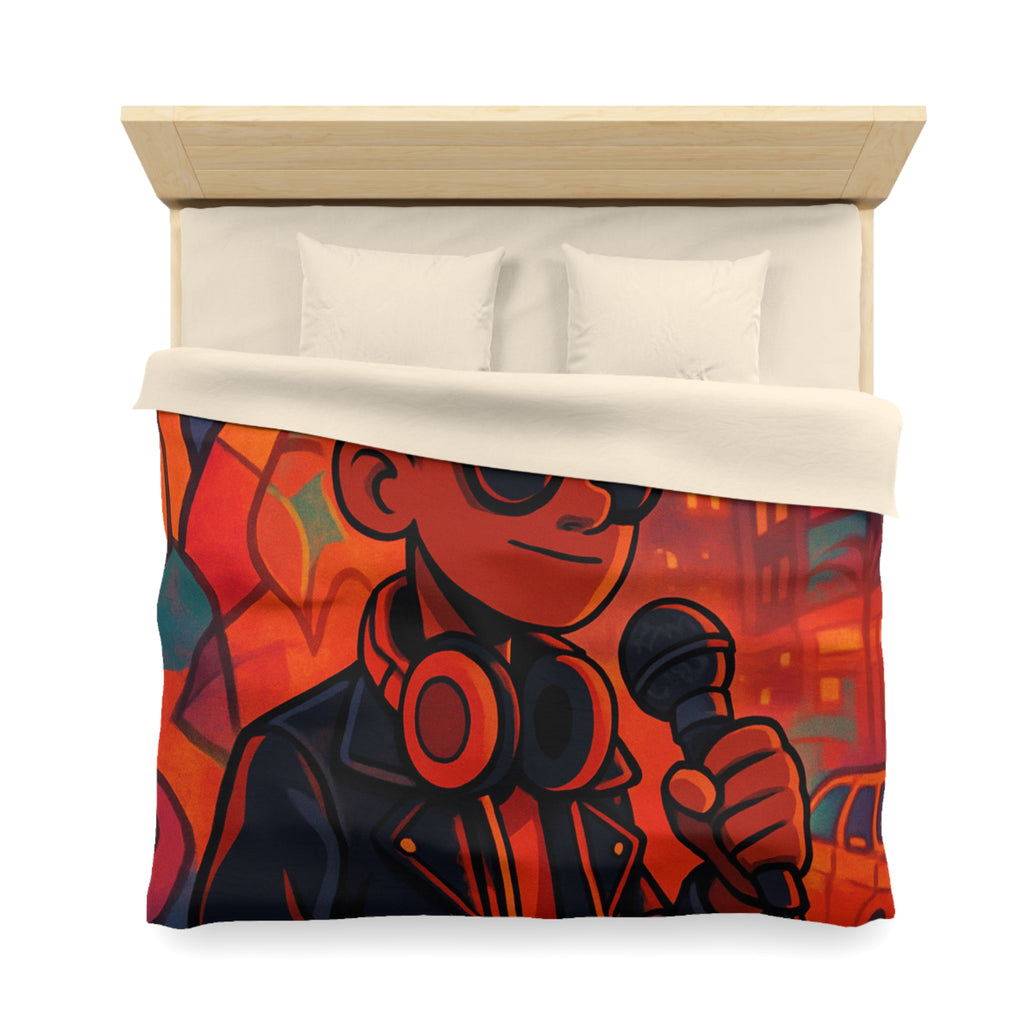 Housse de couette urbaine rétro avec chanteur hip-hop et graphismes vibrants de ville