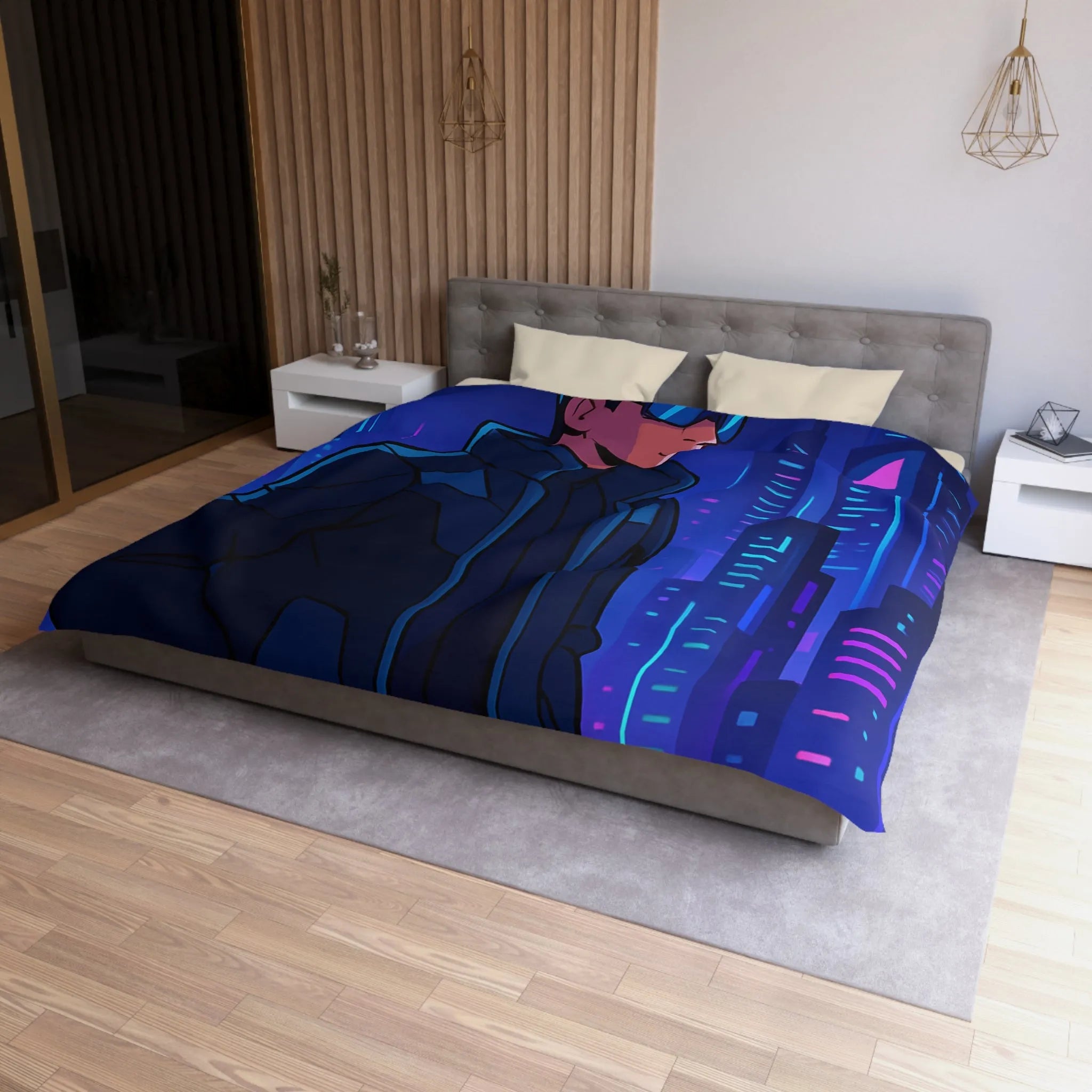 Futuriste Housse de Couette avec Ville Brillante et Homme Élégant en Lunettes