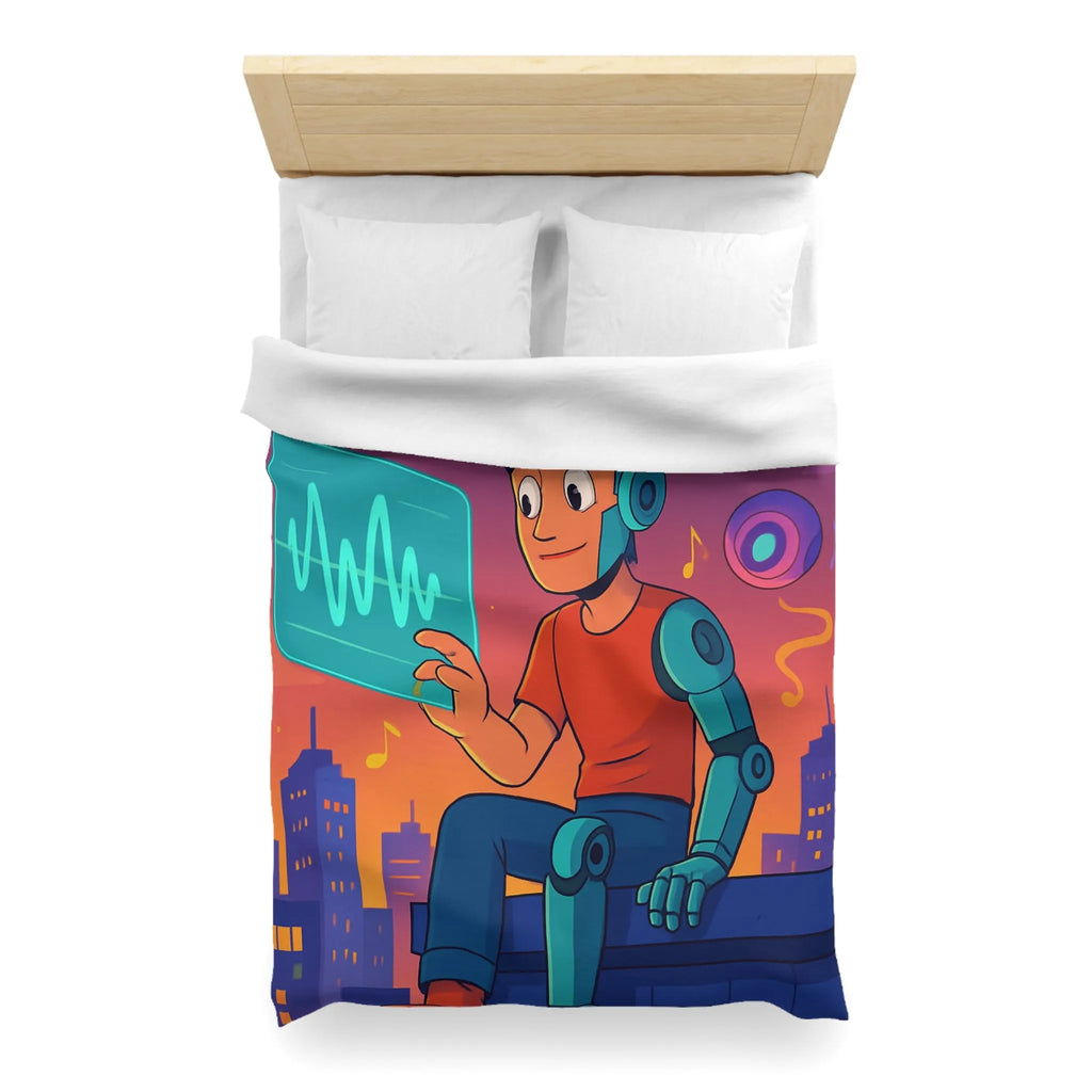 Housse de couette illustrée avec robot et skyline de nuit vibrante et colorée