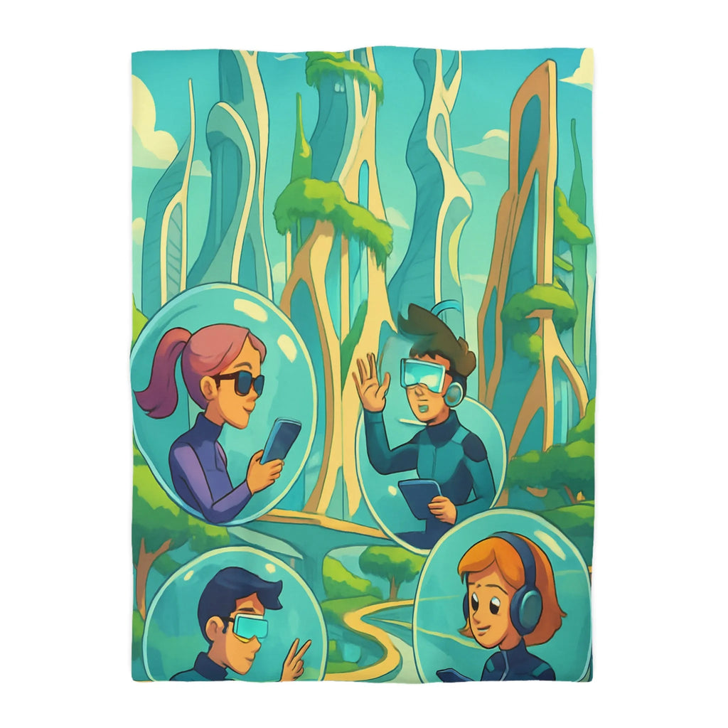 Housse de couette futuriste avec paysage urbain et personnages connectés en réalité augmentée