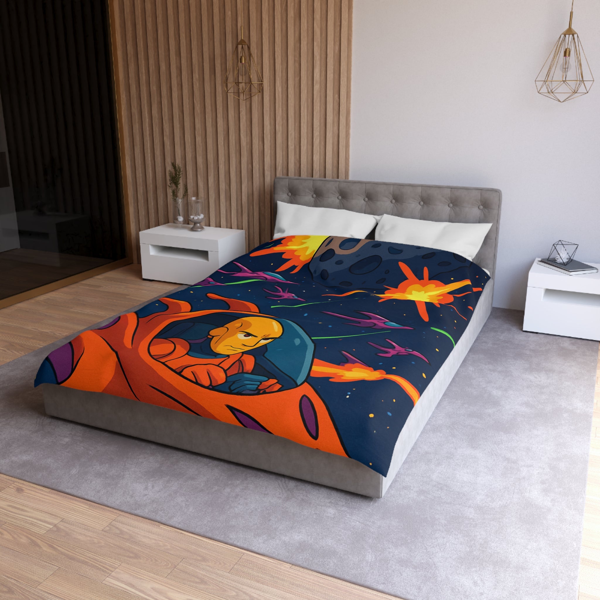 Housse de couette style rétro avec vaisseaux spatiaux et astéroïdes en explosion