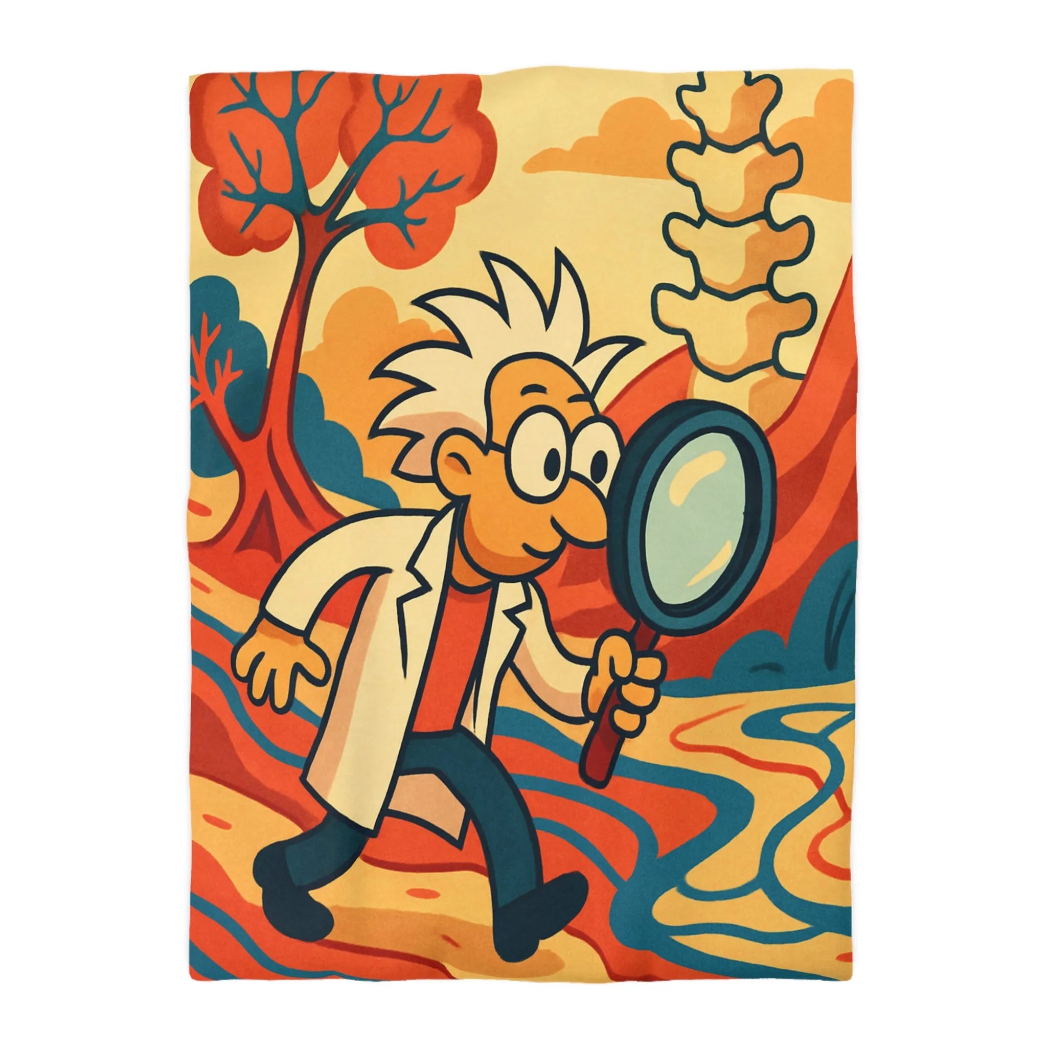 Housse de couette ludique avec personnage scientifique explorant un paysage naturel coloré