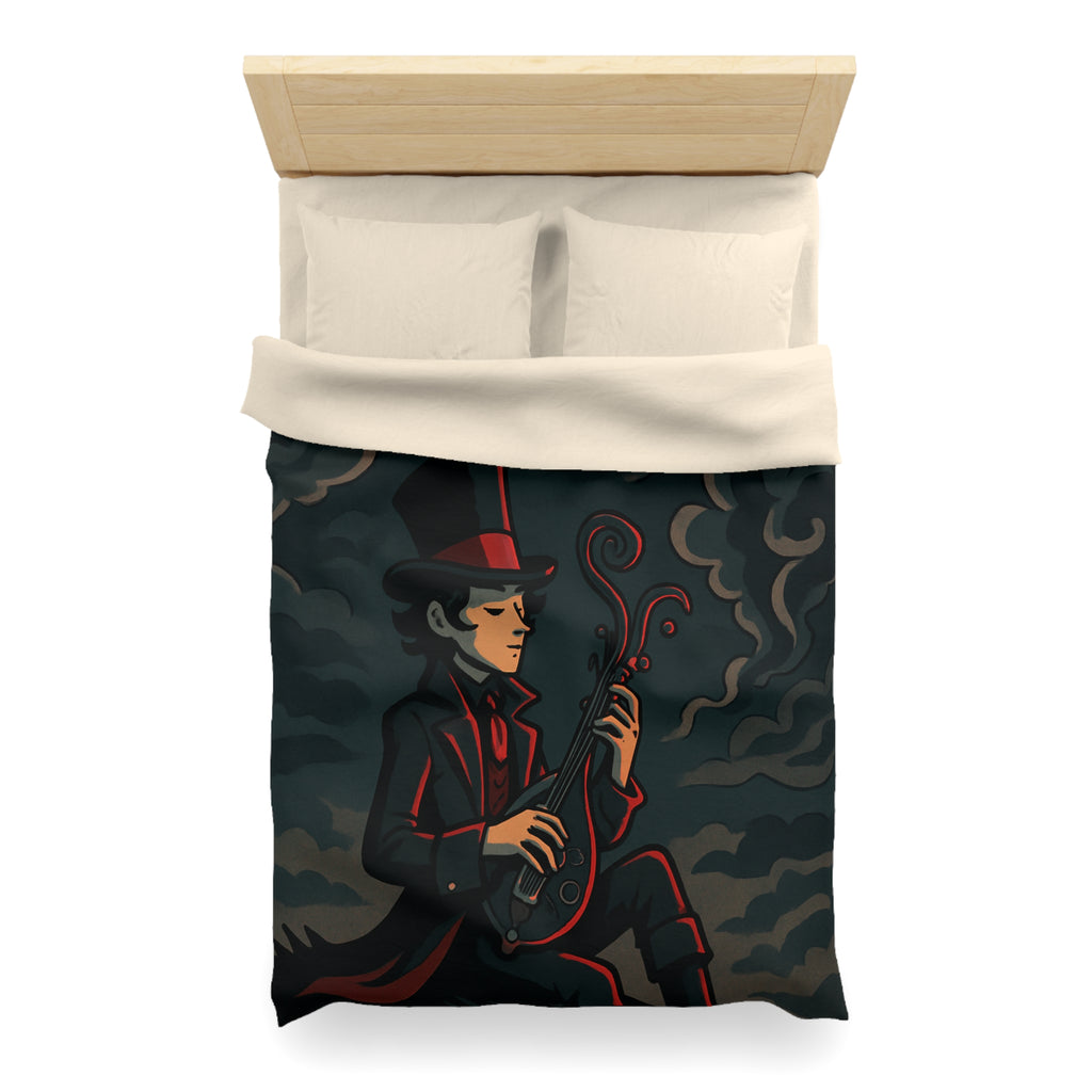 Mystérieuse silhouette avec chapeau haut-de-forme jouant d'un luth sous ciel orageux nocturne