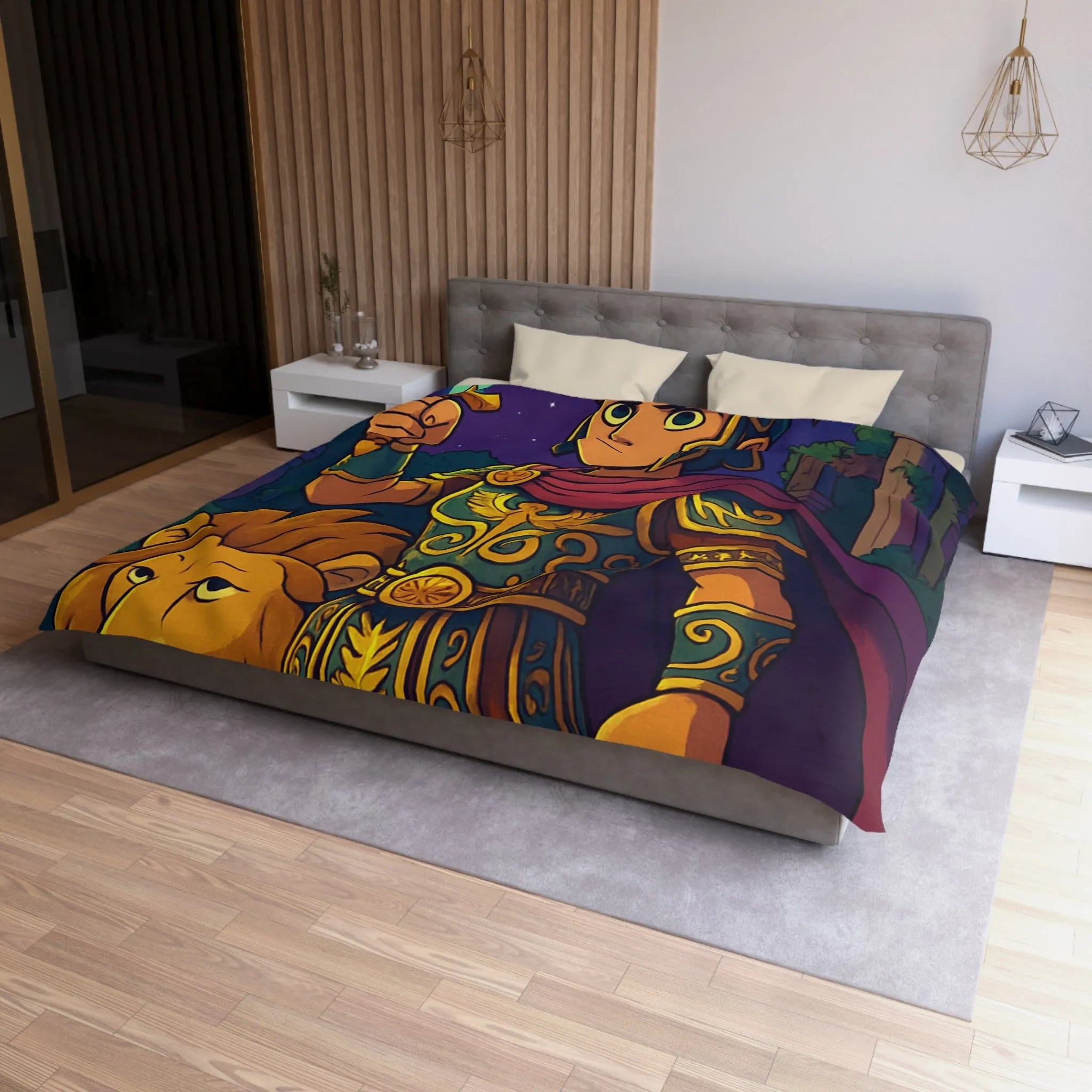 Housse de couette épique pour enfants avec un guerrier et un lion mythiques
