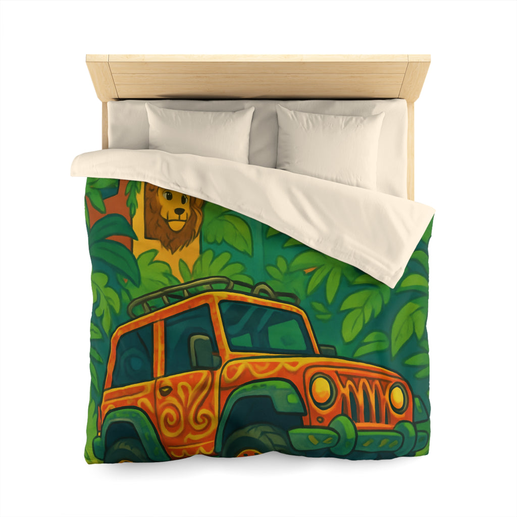 Housse de couette vibrante jungle aventure avec animaux et véhicule tout-terrain colorés