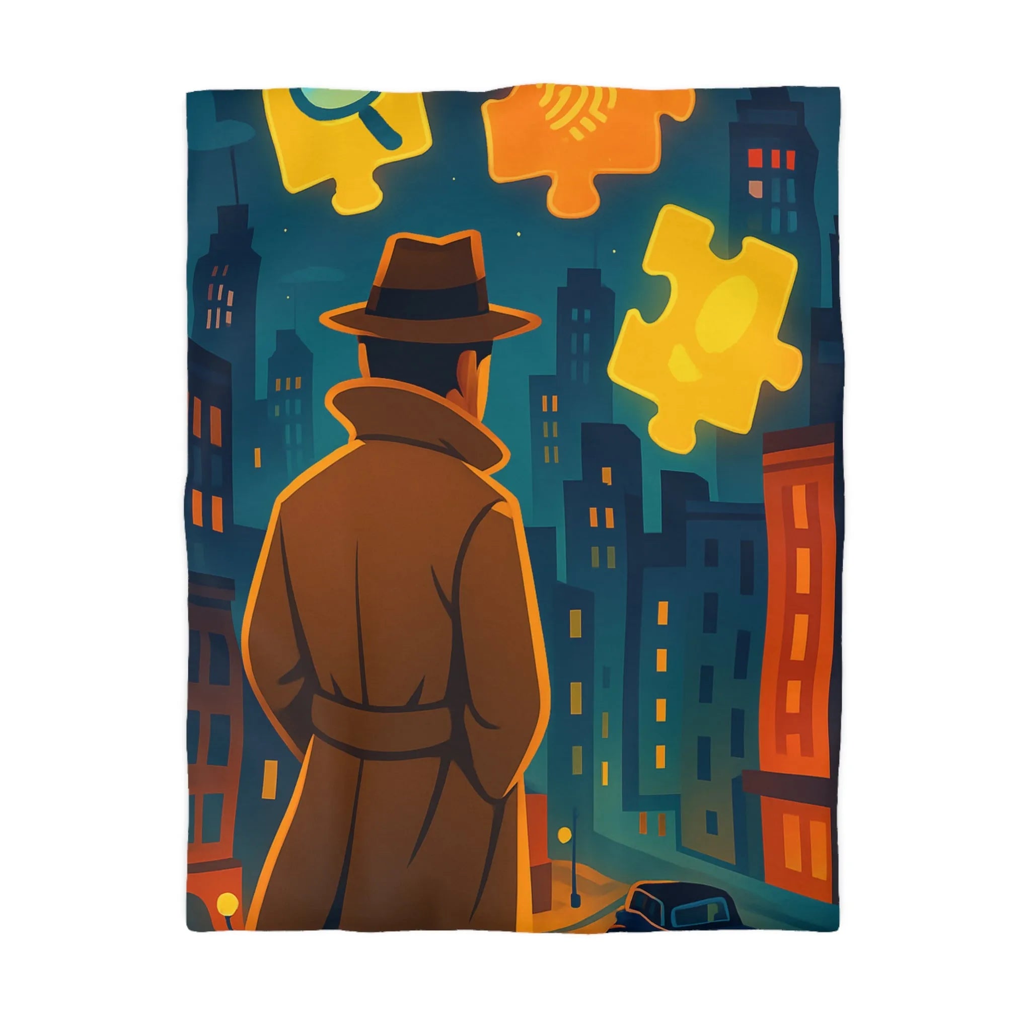 Enquête urbaine rétro avec puzzle lumineux sur housse de couette style détective nocturne