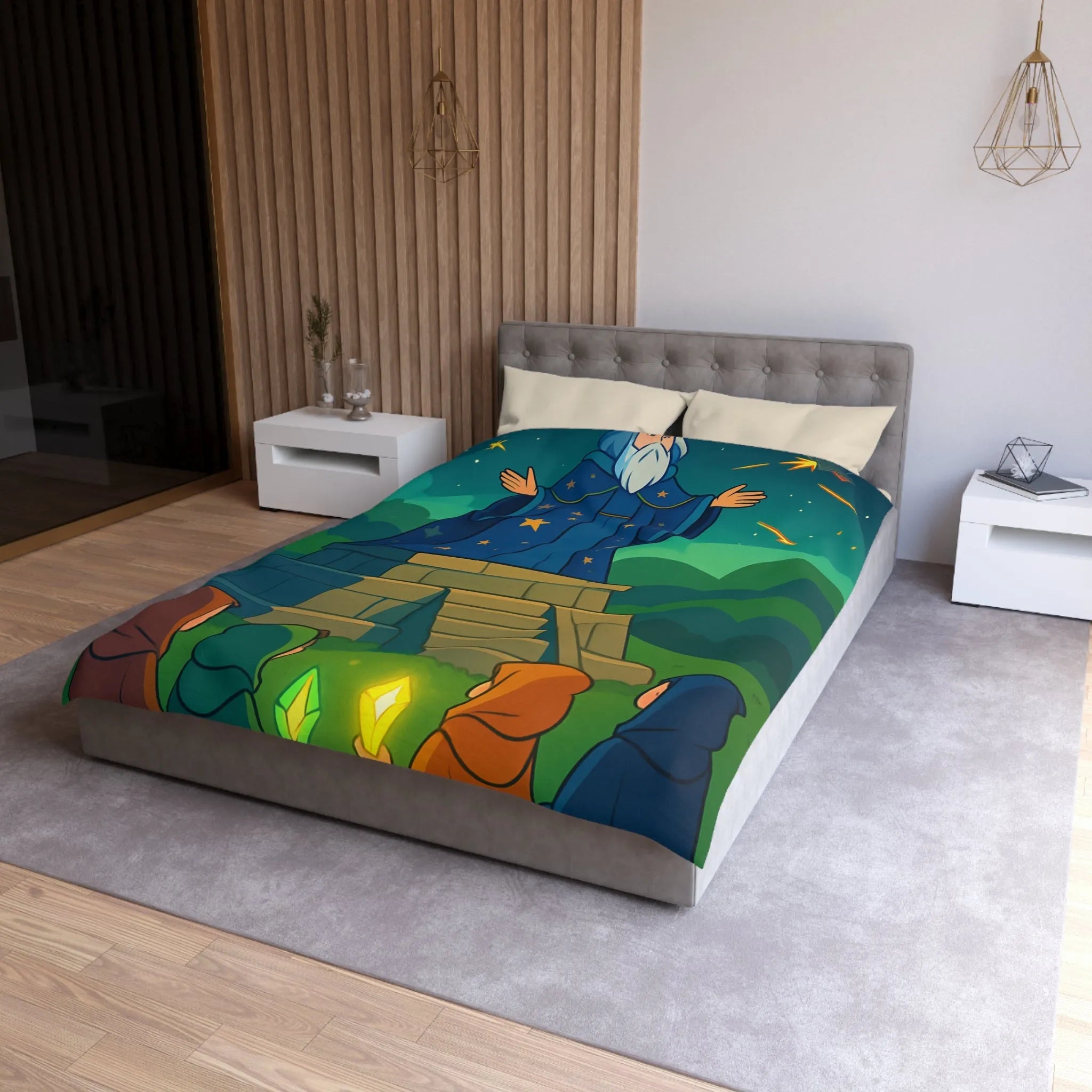 Housse de couette fantaisie avec sorcier et cristaux lumineux dans un paysage étoilé
