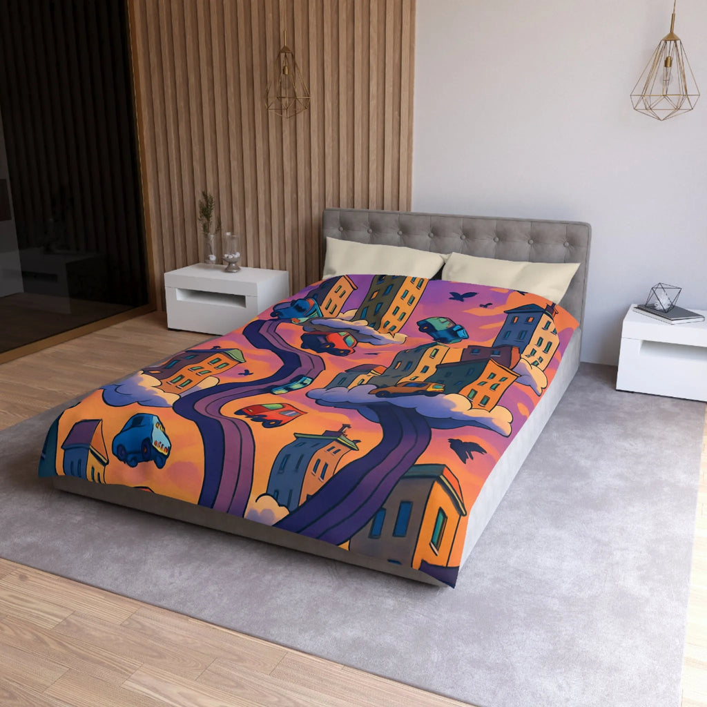 Housse de couette artistique avec voitures volantes et gratte-ciels à l'aube colorée