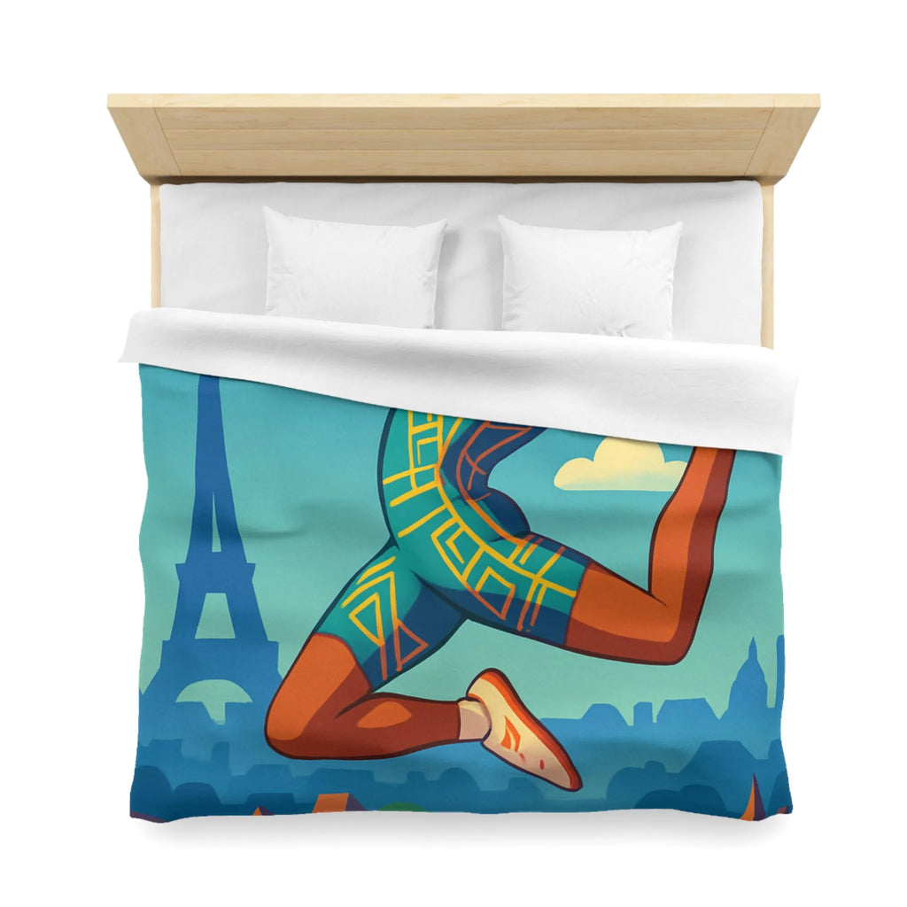 Housse de couette athlète sautant en ville avec ciel bleu et monuments célèbres