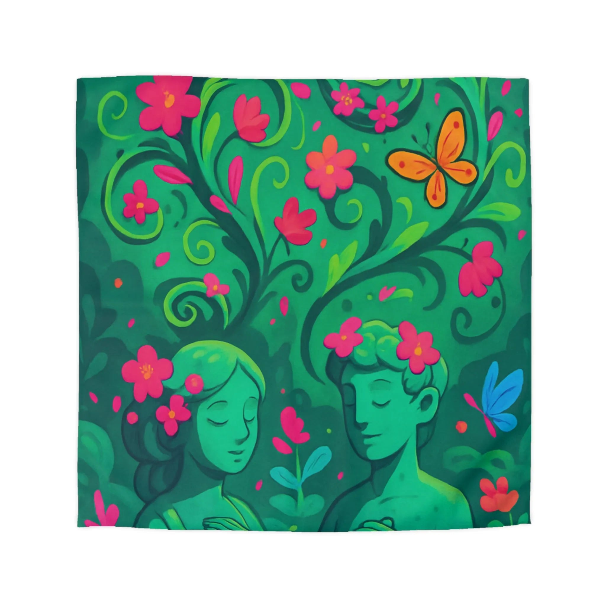 Housse de couette artistique avec illustration florale et papillons colorés en harmonie