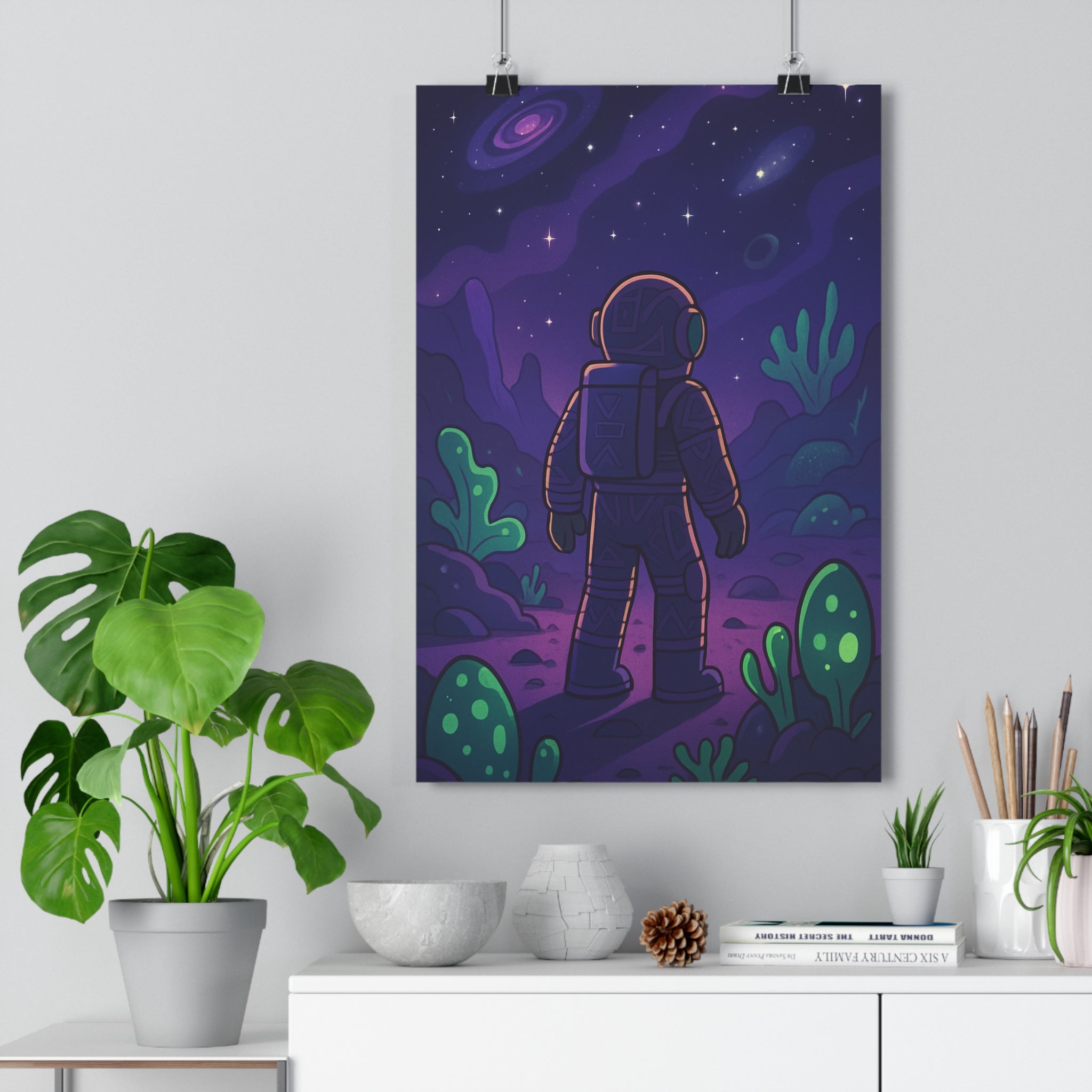 Poster décoratif astronaute violet vert futuriste mystique chambre bureau enfant exploration paysage extraterrestre qualité