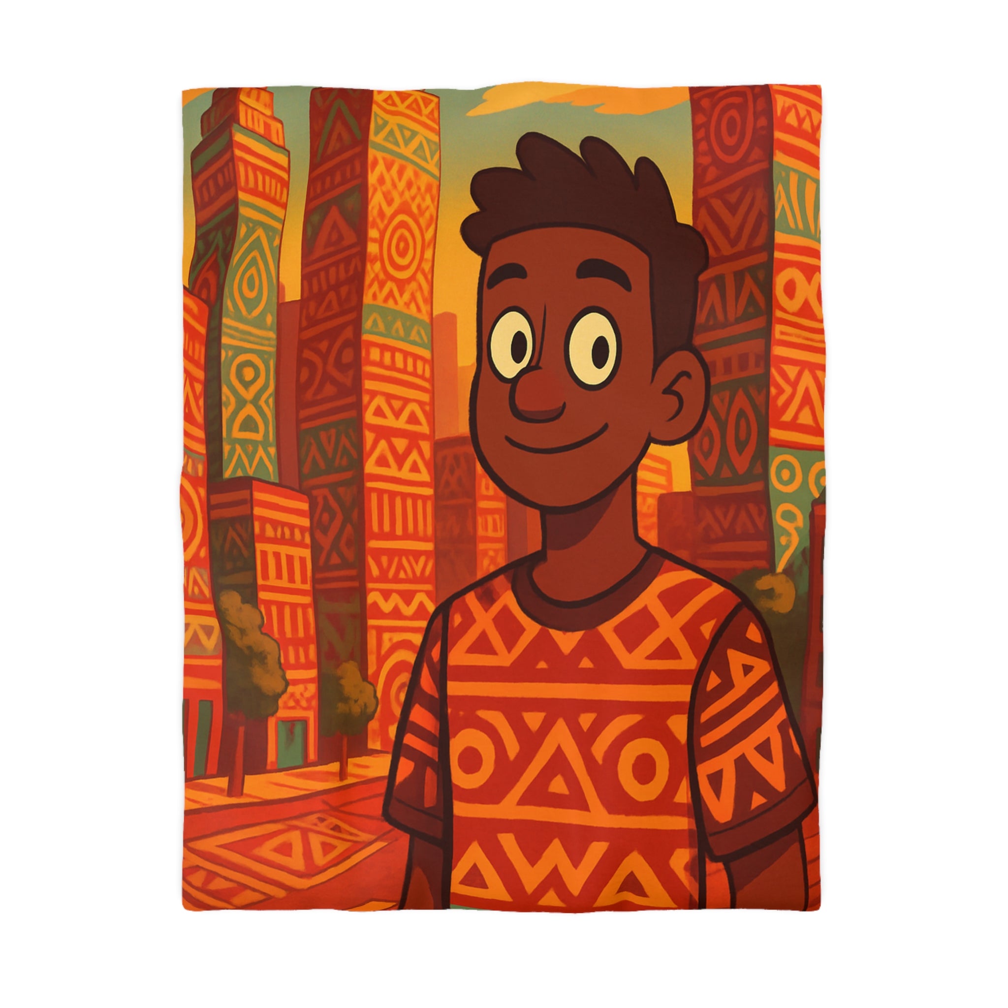 Housse de Couette Personnage Souriant avec Motifs Géométriques et Gratte-Ciel Colorés