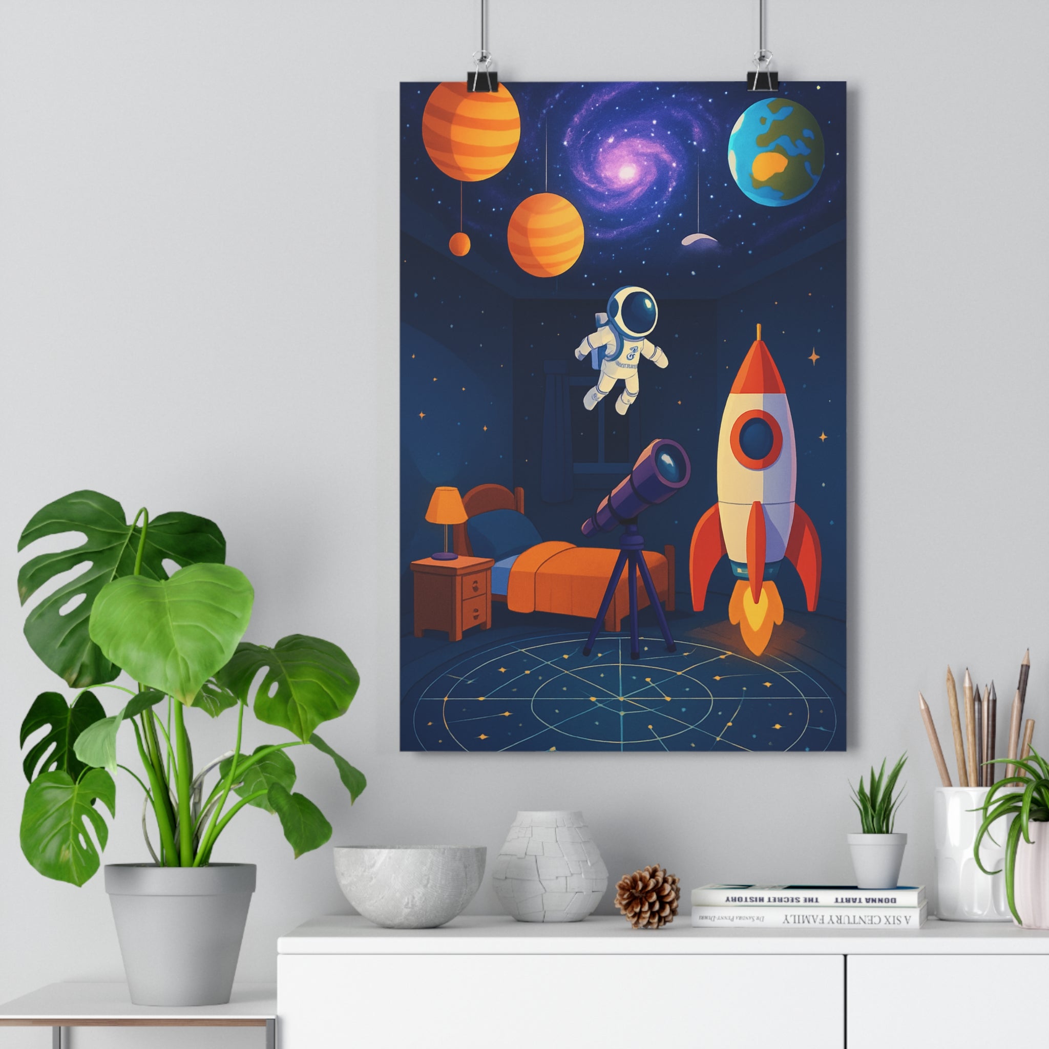 Poster décoratif coloré dessin animé enfant chambre astronaute fusée aventure espace galaxie exploration ciel