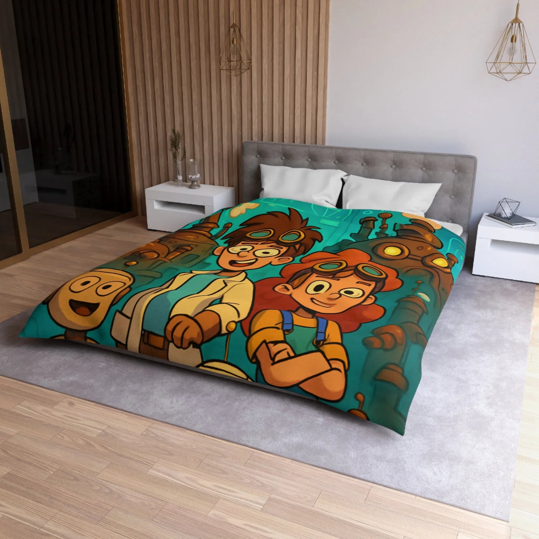 Exploration robotique en atelier steampunk coloré avec jeunes inventeurs et machines futuristes