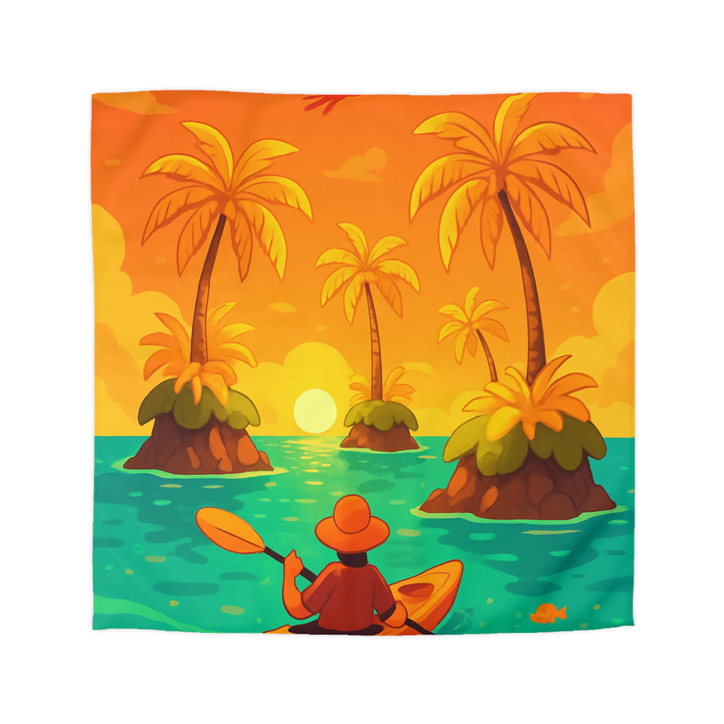 Housse de couette tropicale vibrante avec kayak, palmiers et perroquets au coucher de soleil