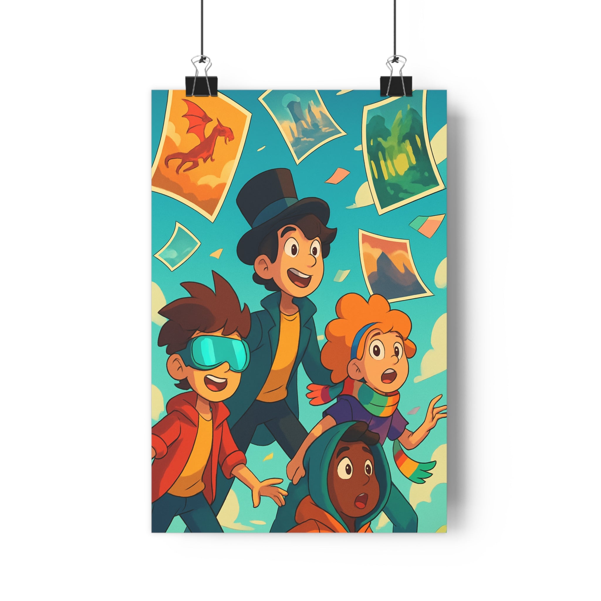 Poster décoratif cartoon enfants aventure joyeux chambre ludique bleu orange format 30x46 moderne vibrant