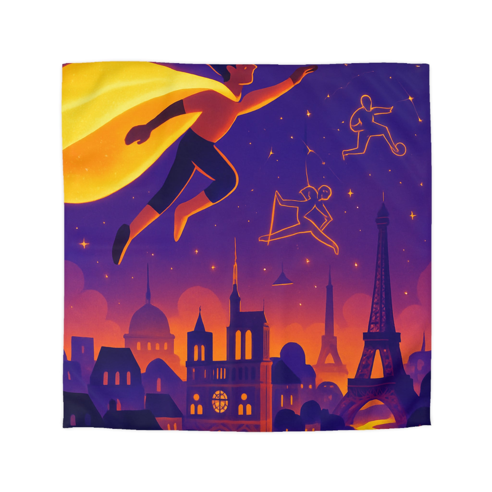 Housse de couette rêve parisien avec super-héros et constellations sportives lumineuses