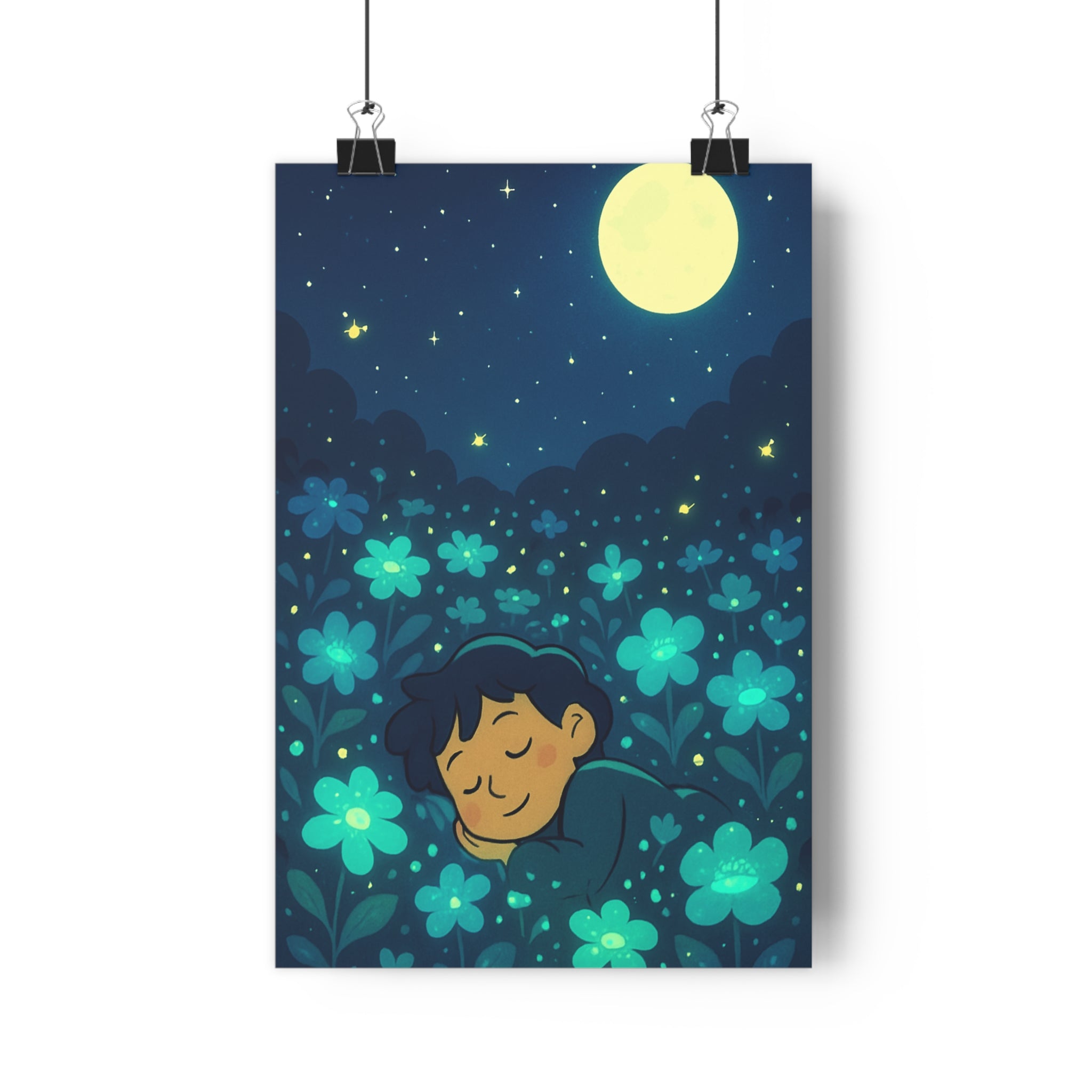 Poster décoratif enfant ciel étoilé fleurs lumineuses cartoon magique apaisant chambre doux rêveur nuit