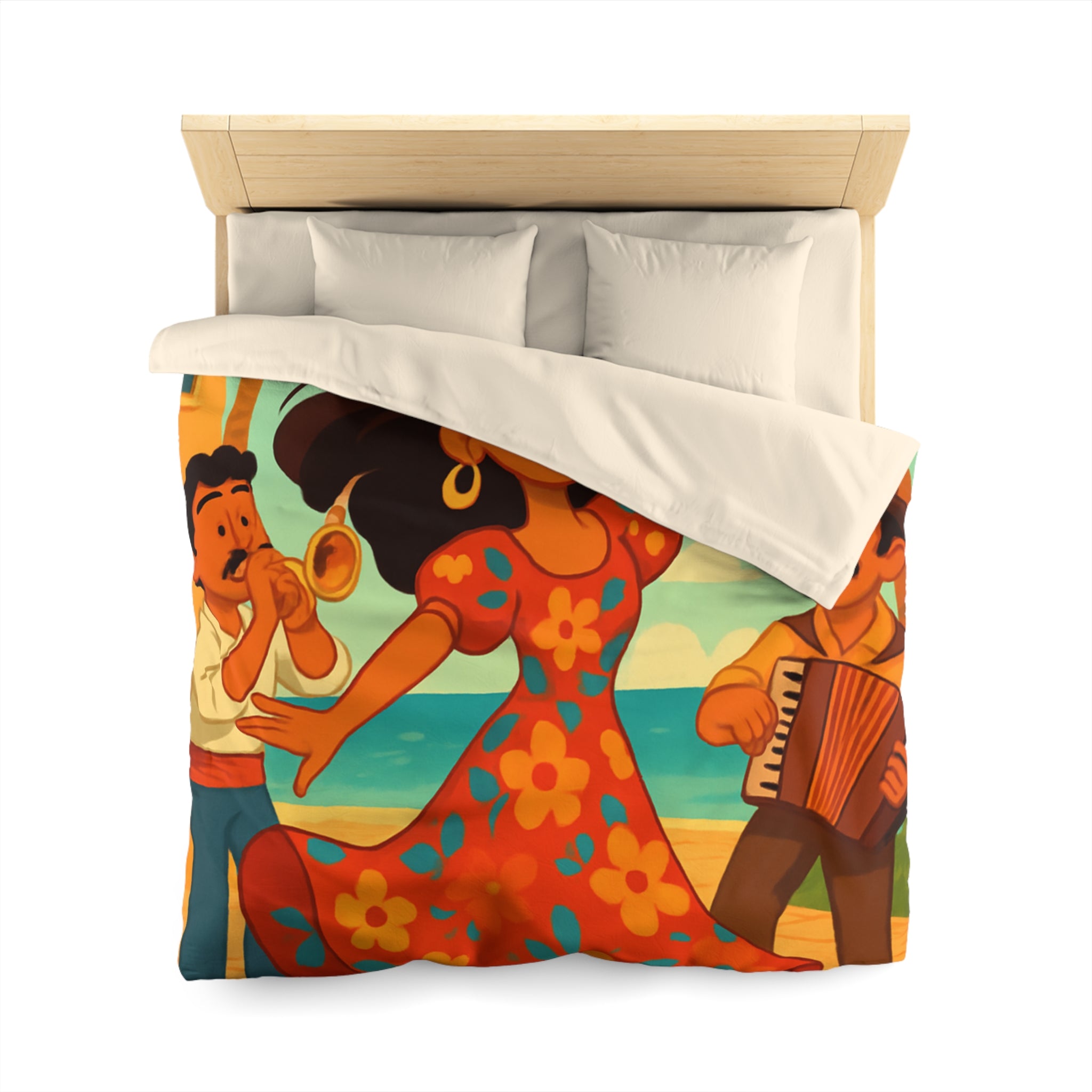 Housse de couette tropicale colorée avec danseuse et musiciens, ambiance joyeuse et festive
