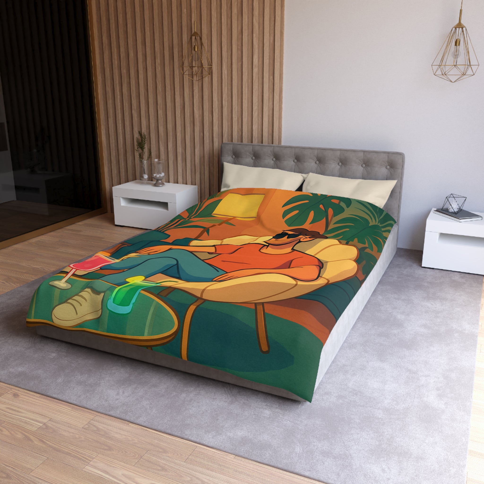 Housse de Couette Tropicale Design Moderne avec Feuilles et Boissons Colorées Style Rétro