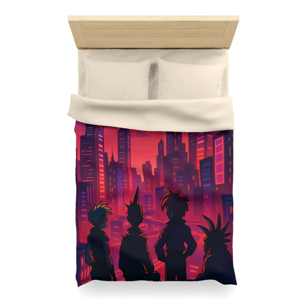 Housse de couette colorée urbaine style rétro avec personnages devant une ville cyberpunk
