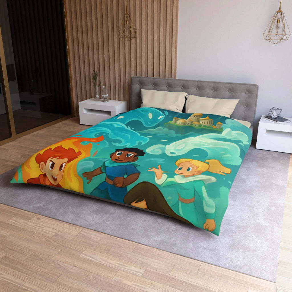 Housse de couette avec illustration de jeunes héros des éléments devant un château magique