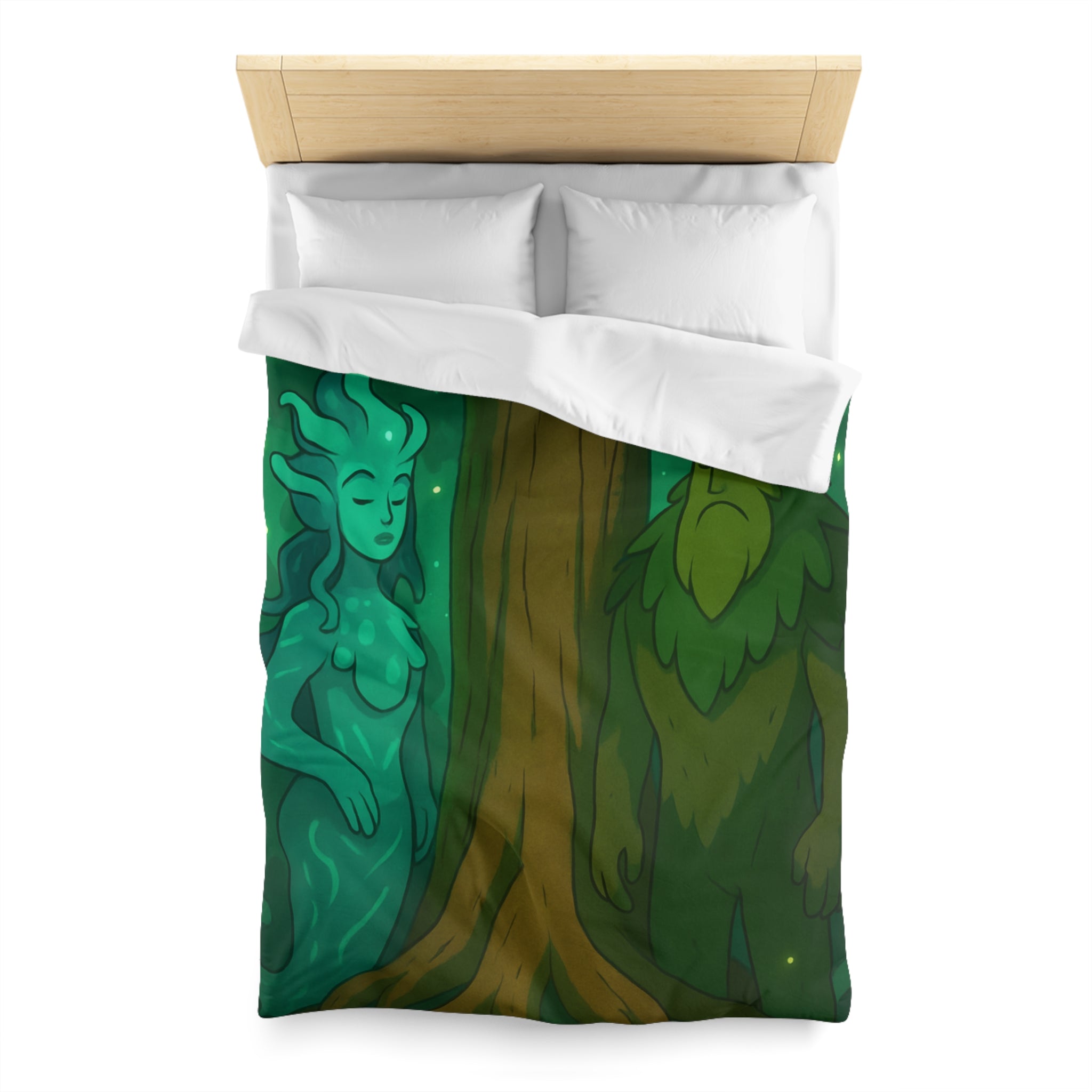 Housse de couette mystique forêt avec figures élémentaires, arbre central et ambiance sereine