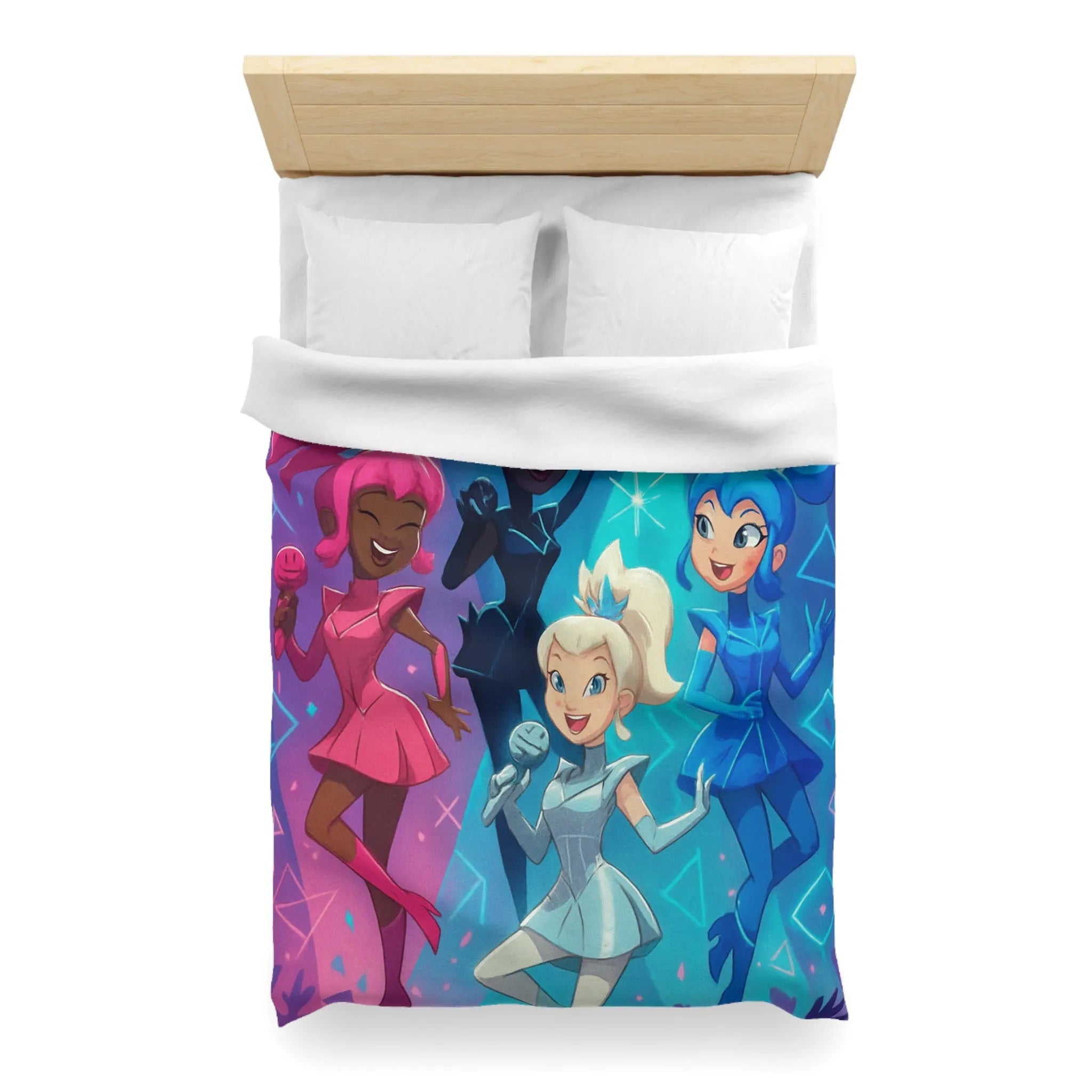 Housse de couette colorée avec personnages chantants et motifs géométriques lumineux