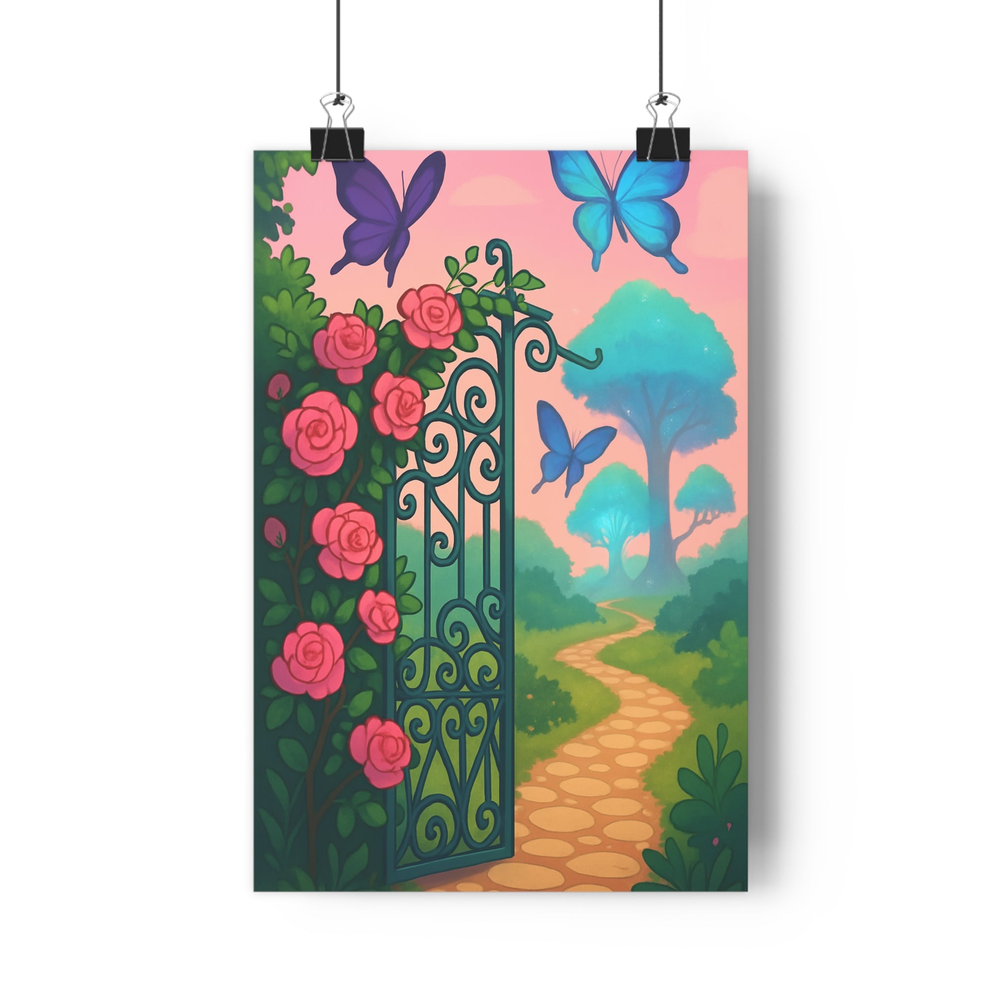 Poster décoratif féerique pastel rose bleu mystique jardin secret intérieur enchanté chambre 30x46 cm