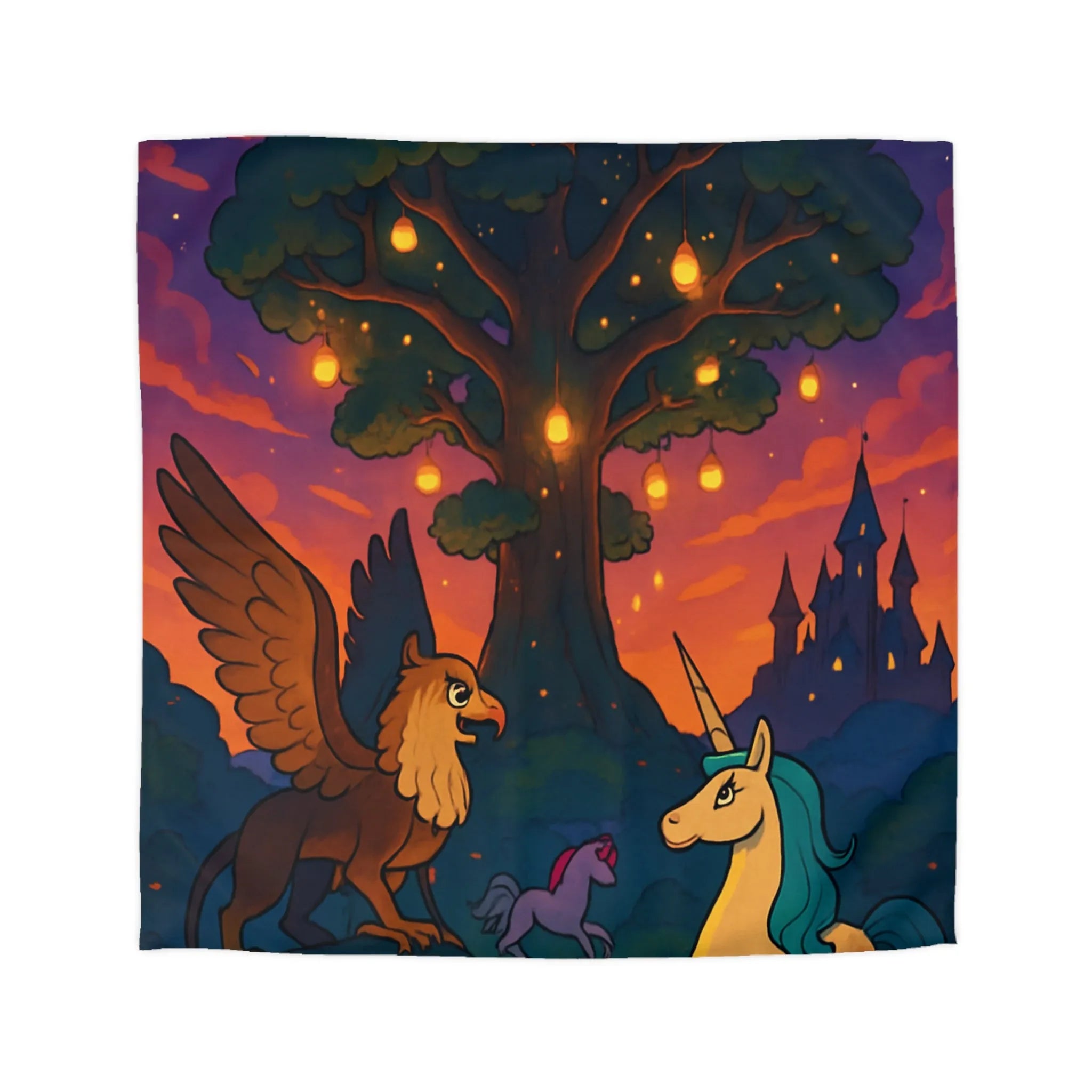 Housse de couette féerique avec licorne et griffon sous arbre lumineux au crépuscule