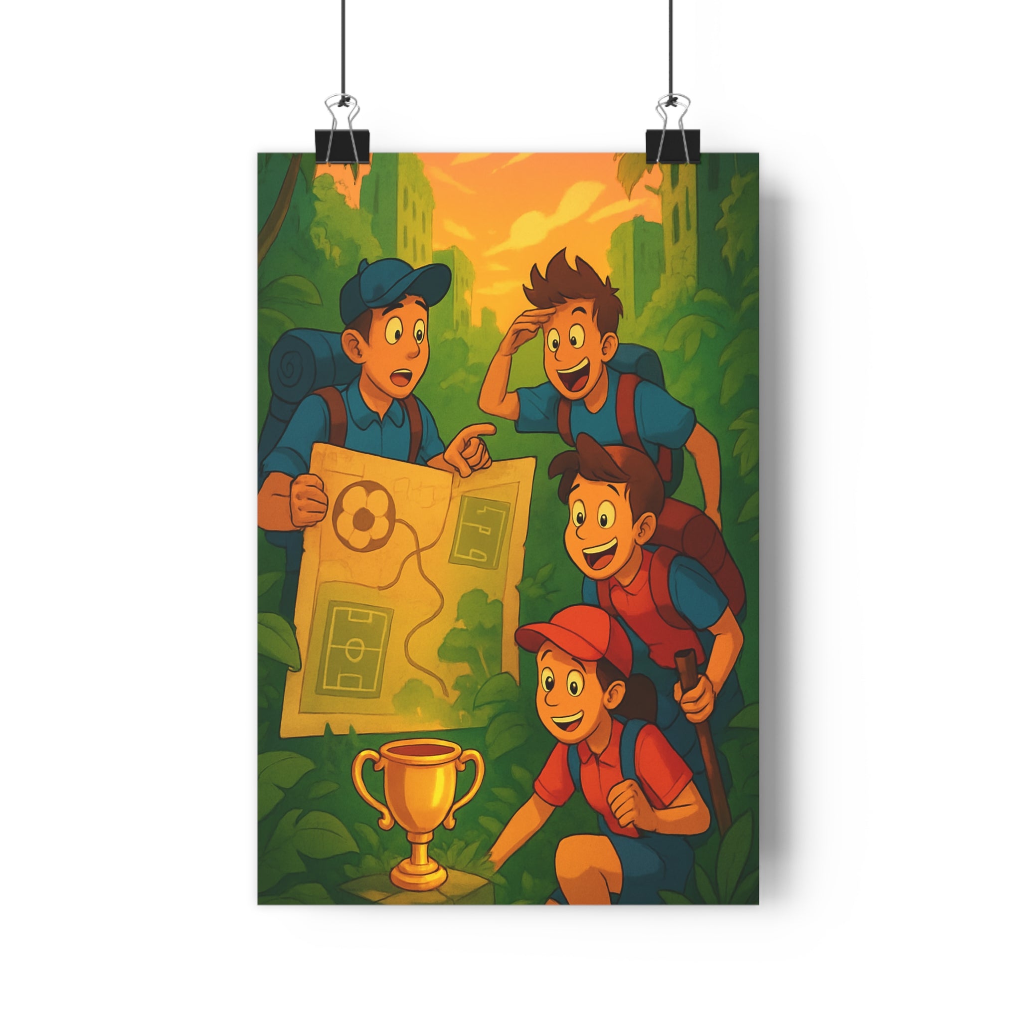 Poster décoratif aventure orange vert jungle enfants explorateur chambre joyeux captivant découverte excitant ambiance