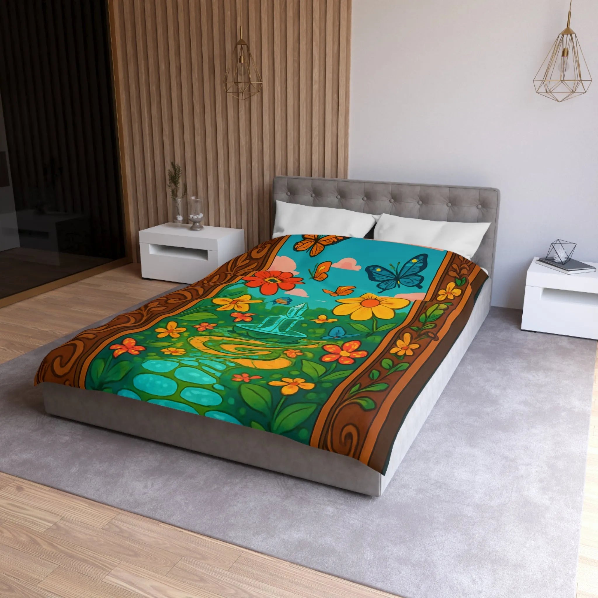 Housse de couette colorée avec papillons et fleurs dans un jardin enchanté vibrant