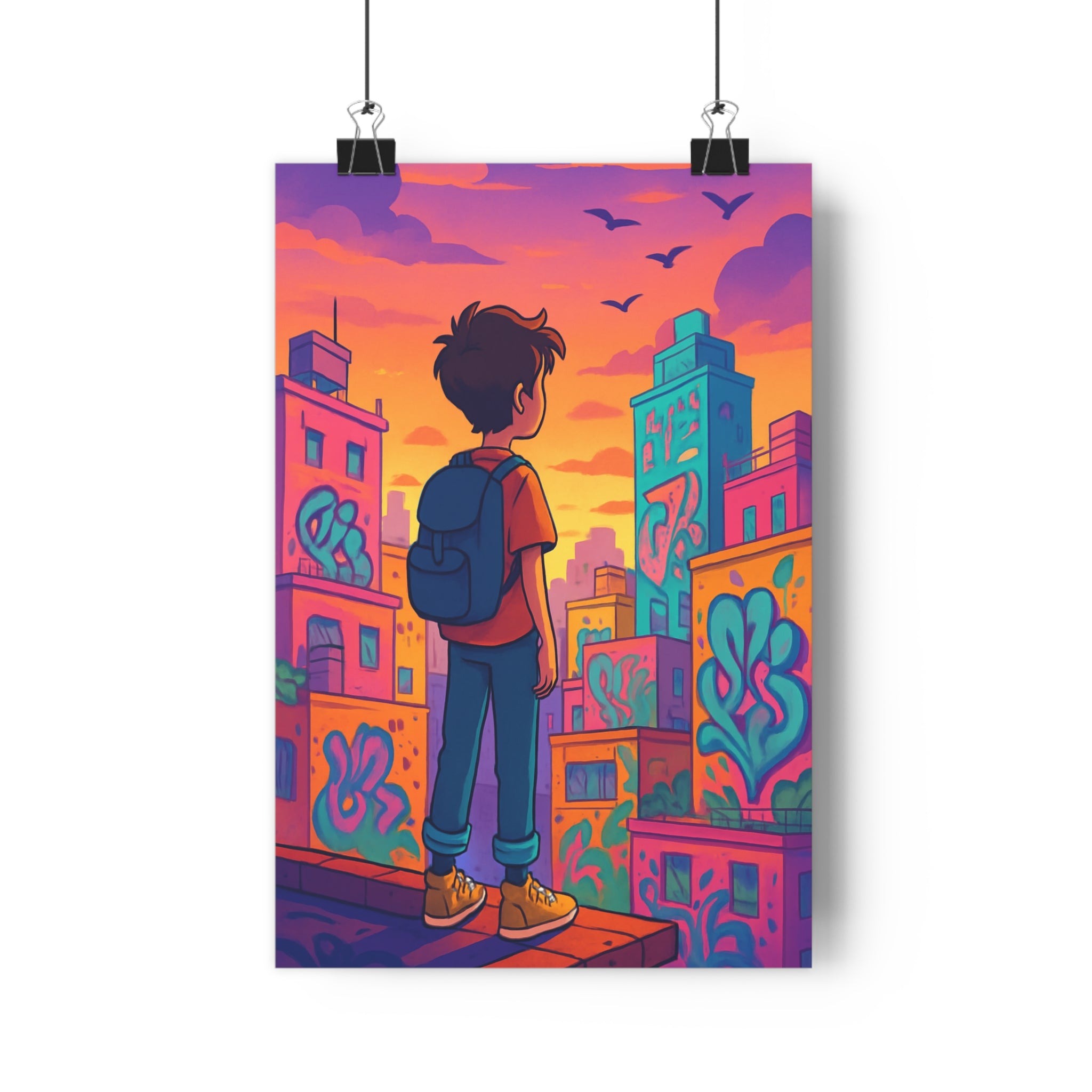 Poster décoratif urbain coloré cartoon orange rose aventure chambre salon adolescent 30x46 tendance qualité