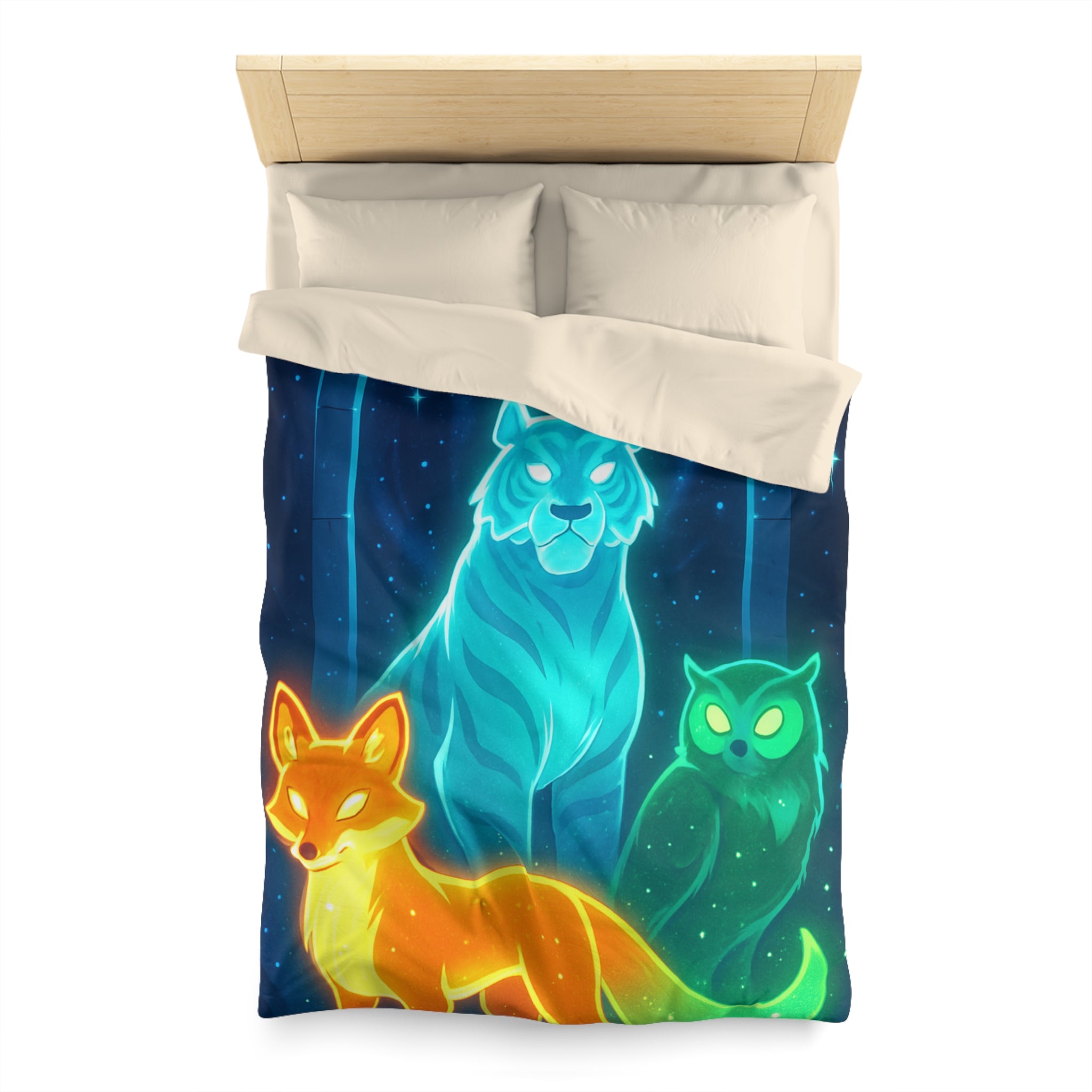 Mystérieuse housse de couette avec renard orange, tigre bleu, et hibou lumineux