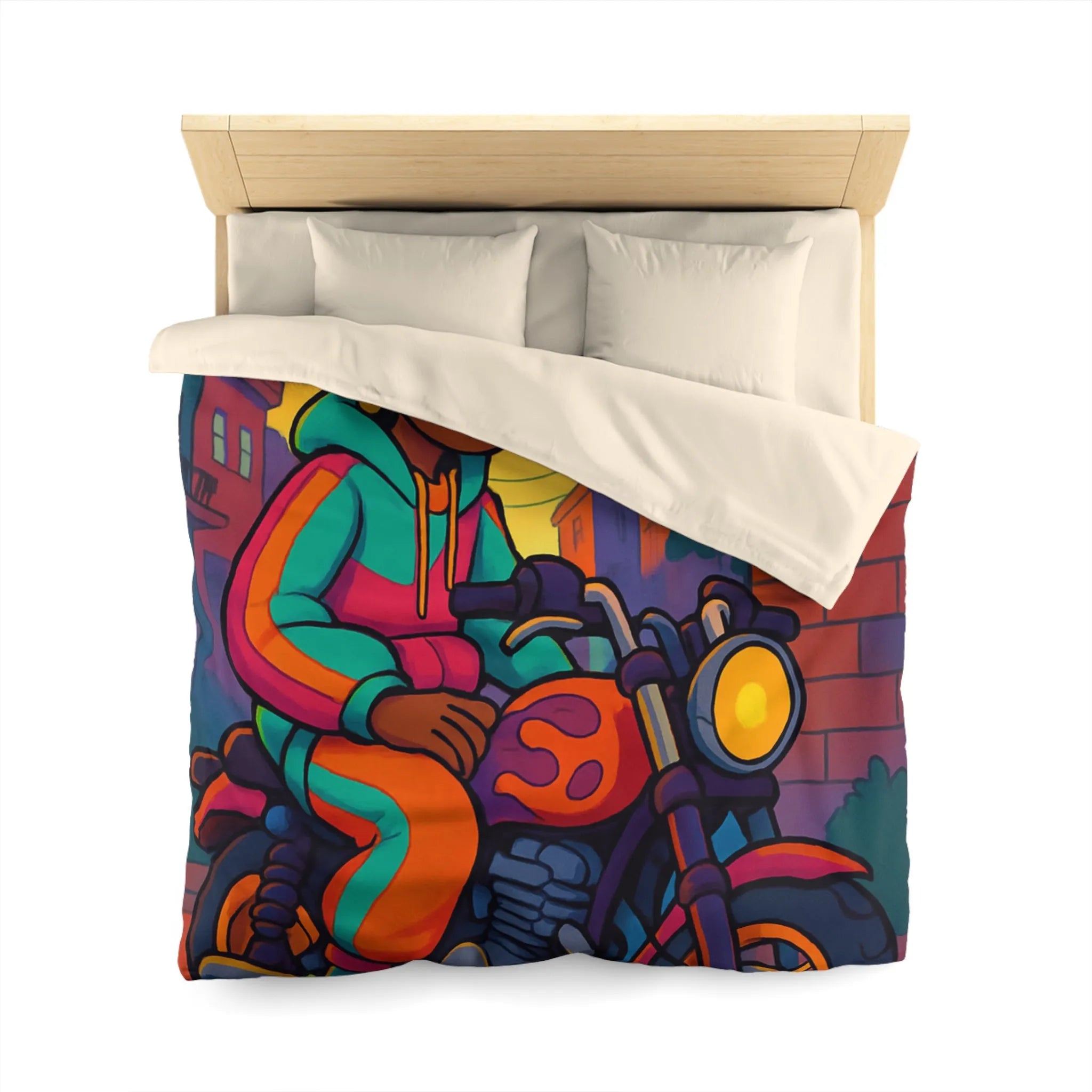 Housse de Couette Colorée avec Motif de Motard Urbain et Chat Orange Artistique