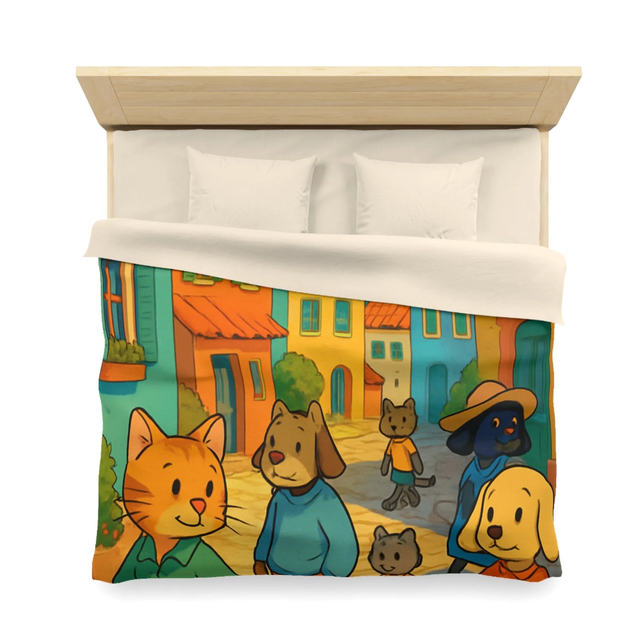 Housse de Couette Colorée avec Animaux Anthropomorphes et Lighthouse sur Rue ensoleillée