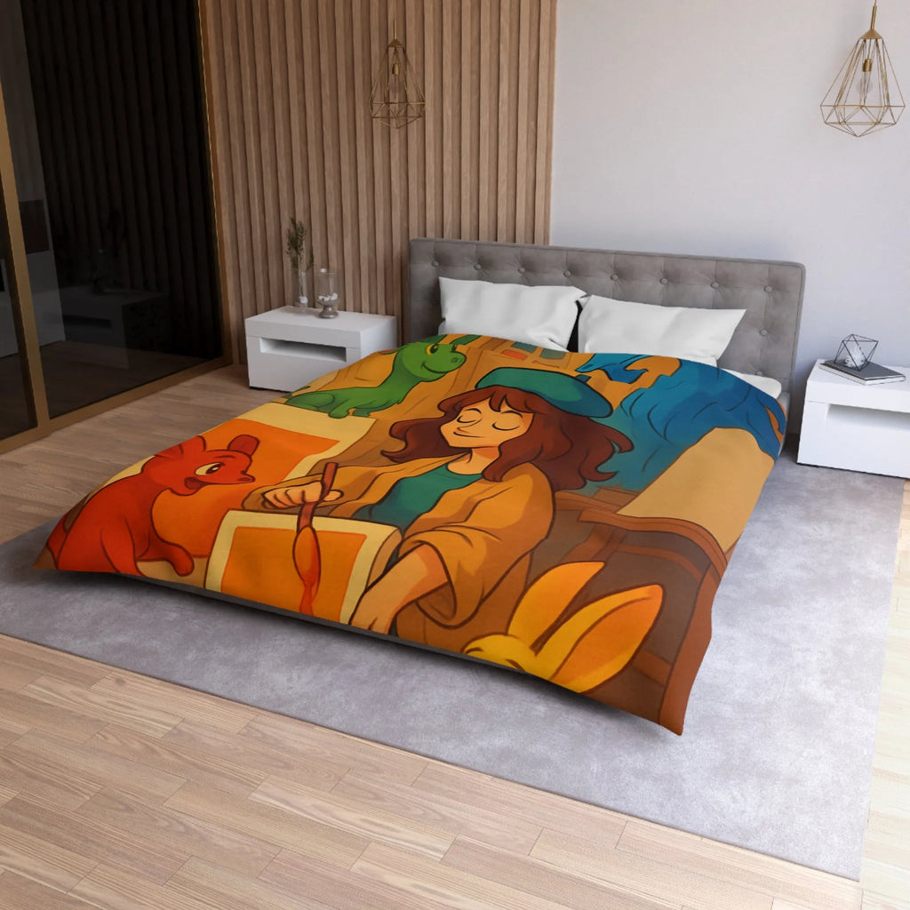 Housse de couette colorée avec artiste et animaux en studio d'art lumineux