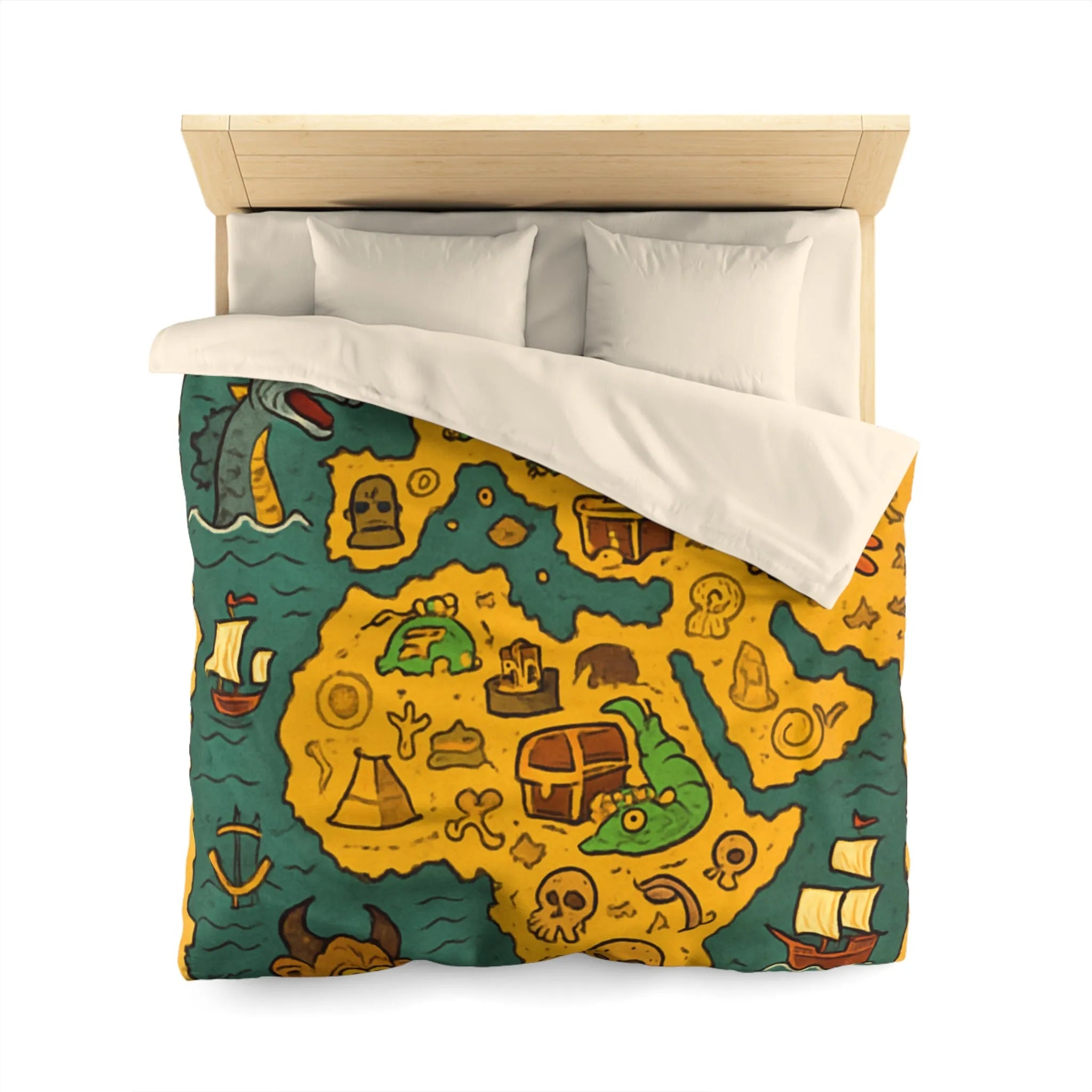 Housse de couette carte imaginaire avec dragons, dinosaures et trésors pour enfants aventuriers