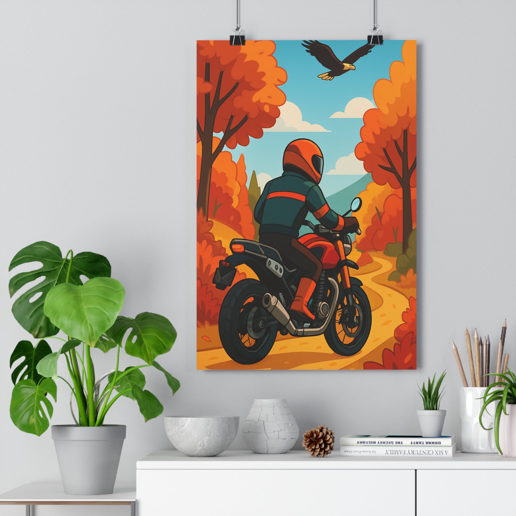 Poster décoratif automnal cartoon aventure motard forêt rouge orange chambre salon moderne nature qualité