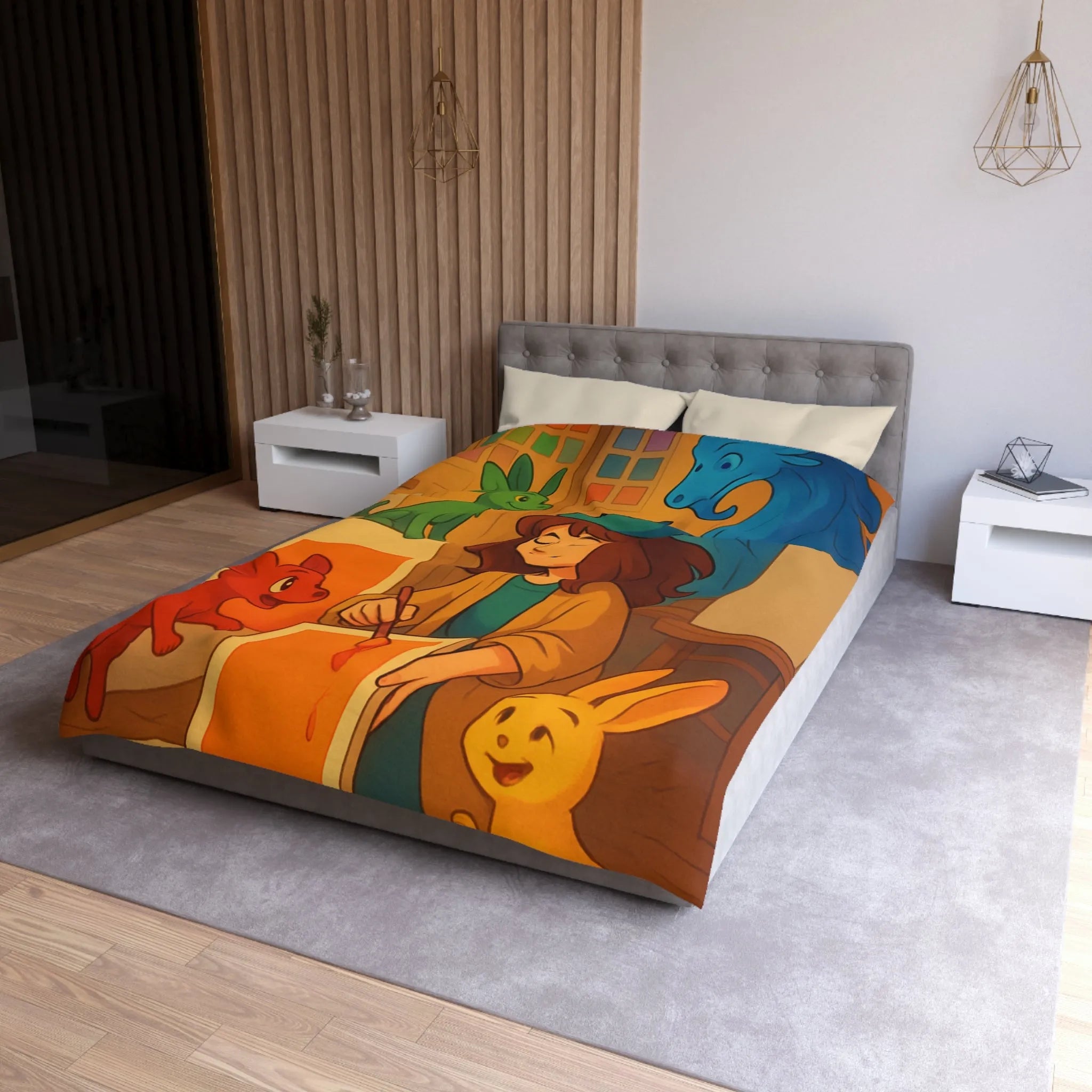 Housse de couette colorée avec artiste et animaux en studio d'art lumineux