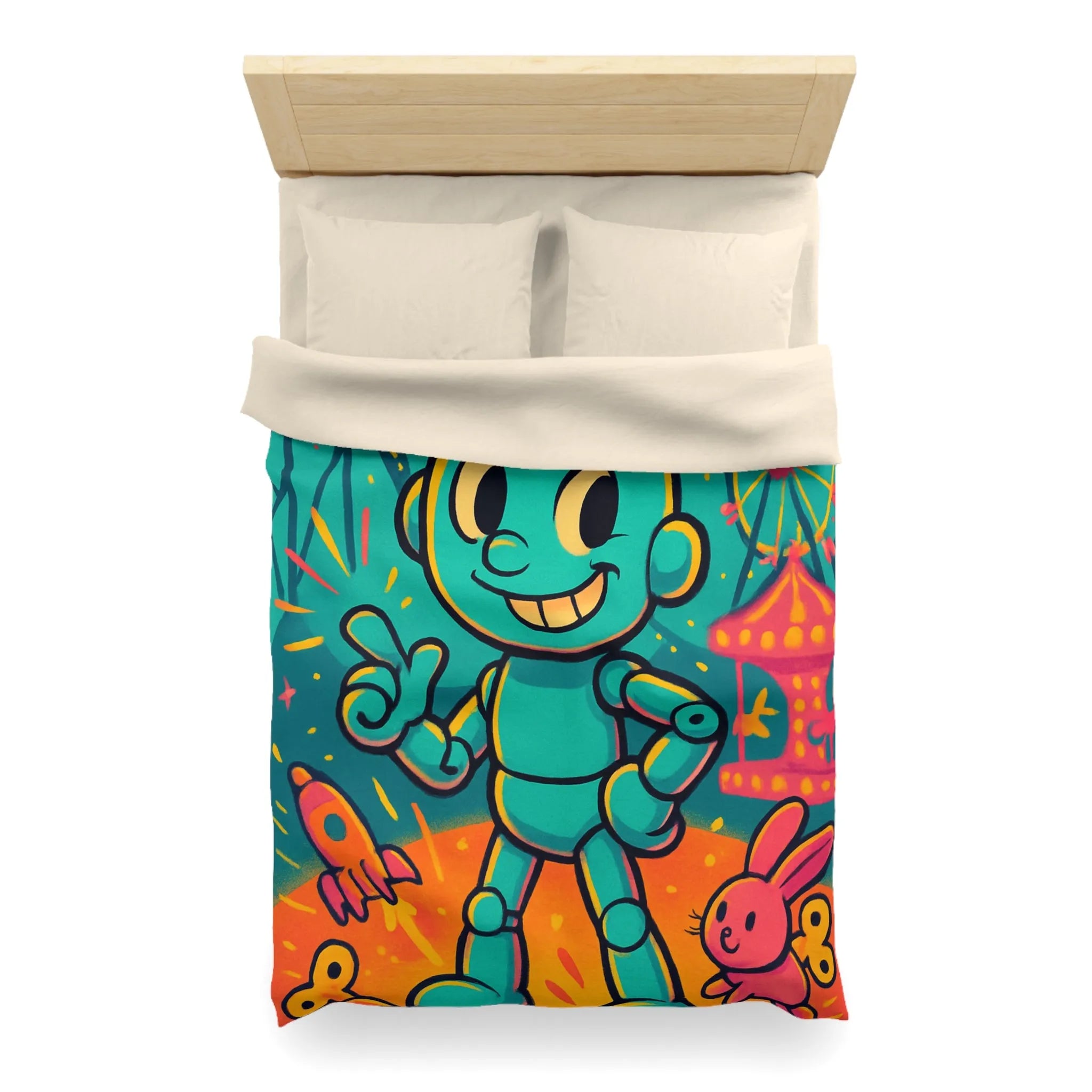 Housse de Couette Ludique avec Robot Jouet et Feux d’Artifice Multicolores pour Enfants