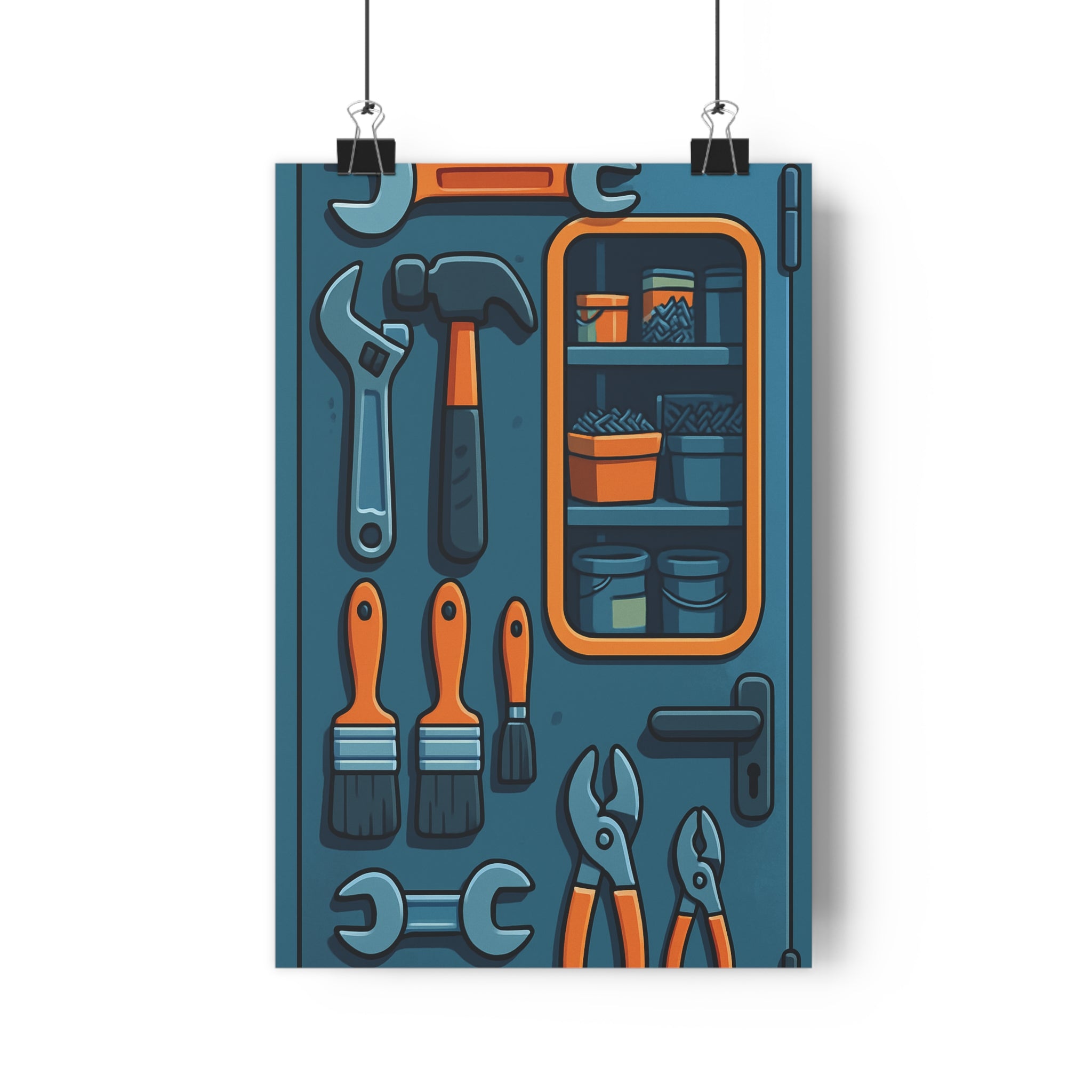 Poster décoratif industriel orange bleu atelier travail unique créatif outils bricolage artistique dynamique 30x46