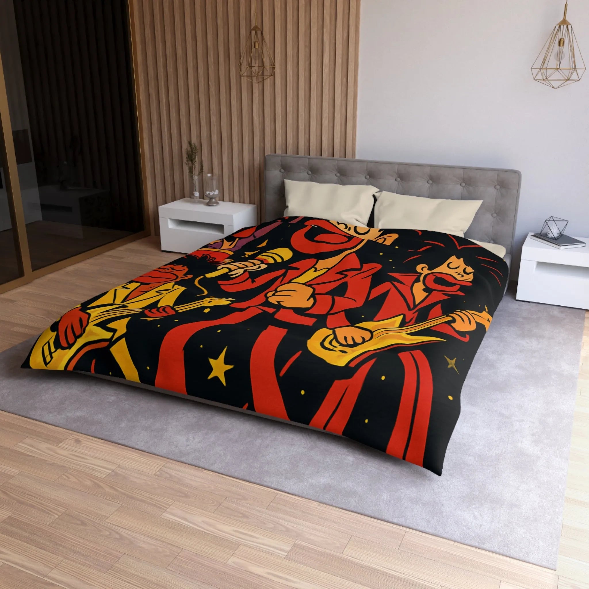 Housse de couette colorée avec illustrations de musiciens sous un ciel étoilé