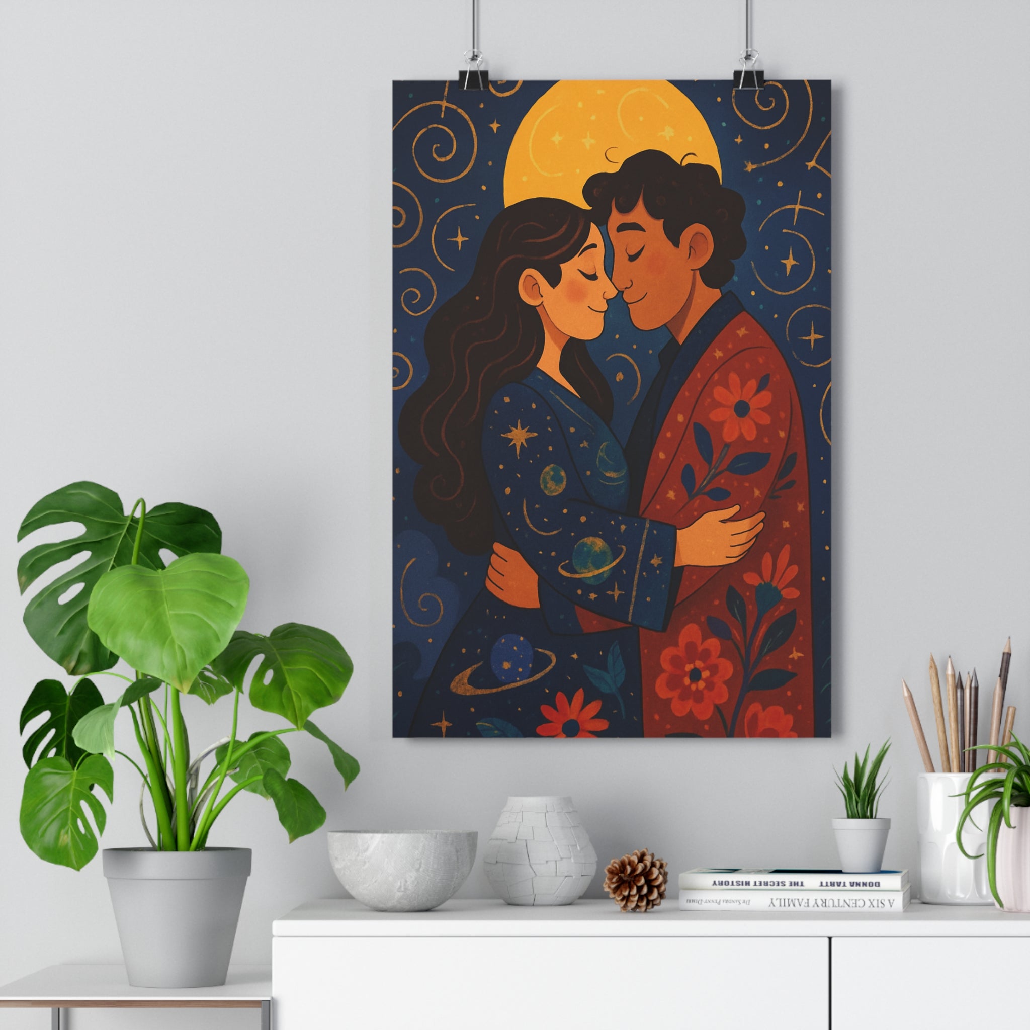 Poster décoratif mystique lune doré bleu rouge chambre salon romantique chaleureux poétique rêveur tendre